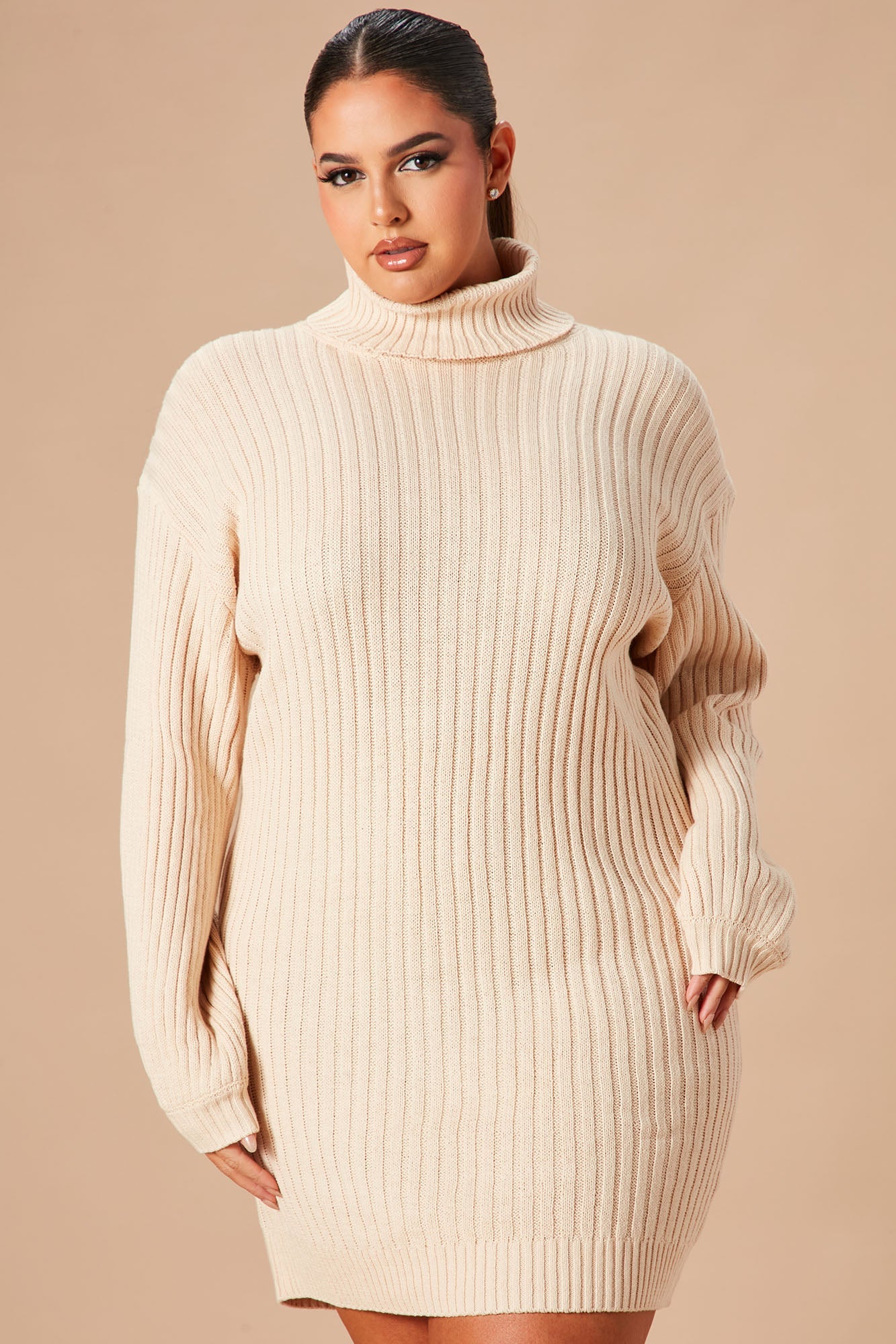 Too Cozy Turtle Neck Sweater Dress - Taupe