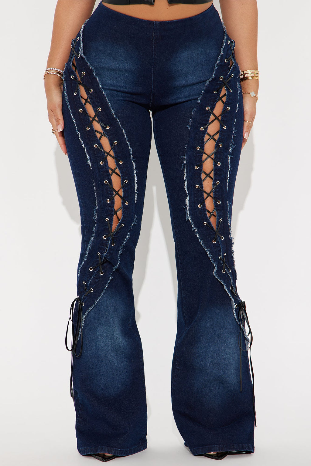 Day By Day Stretch Lace Up Straight Leg Jeans - Dark Wash