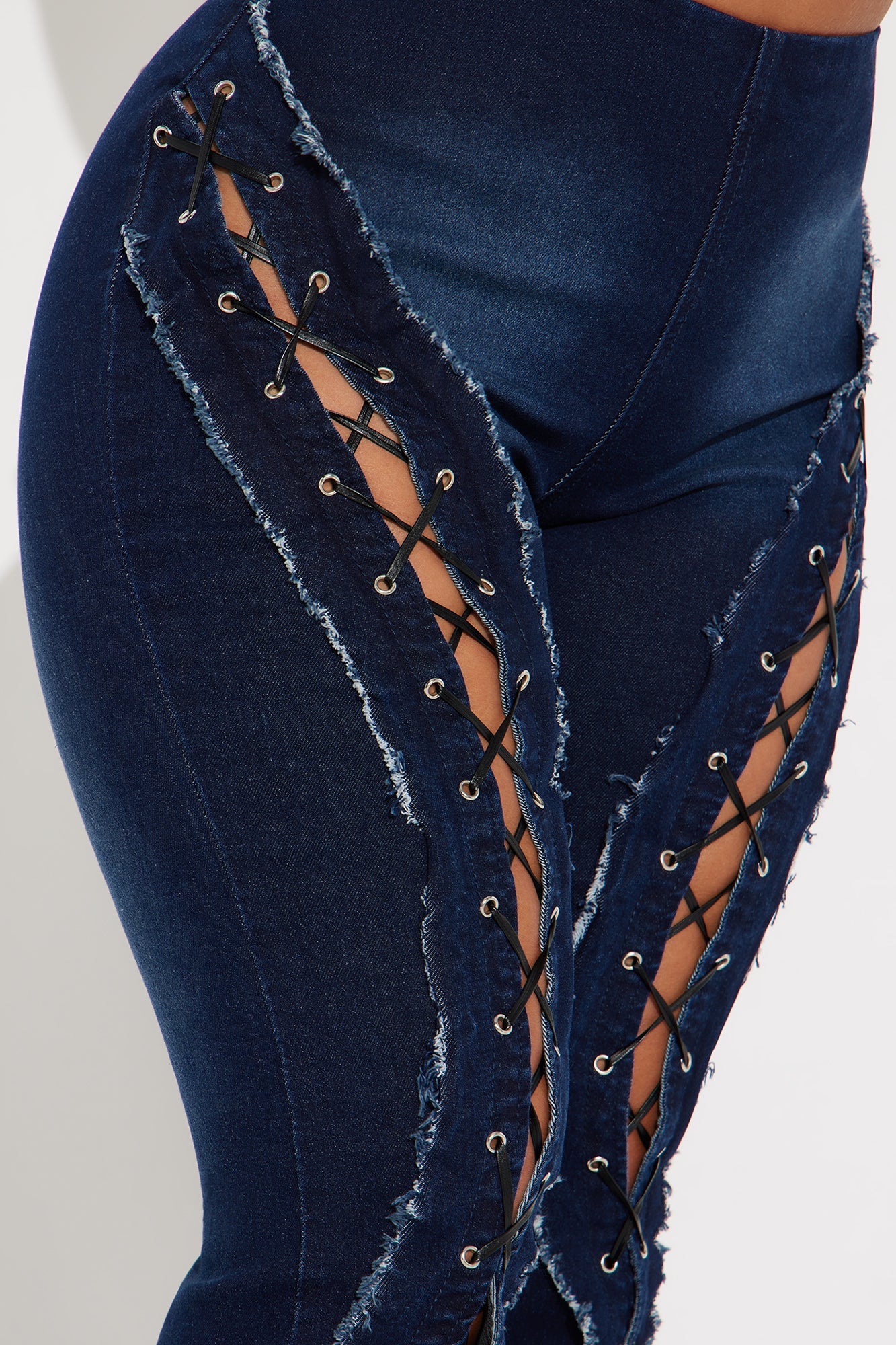 Day By Day Stretch Lace Up Straight Leg Jeans - Dark Wash
