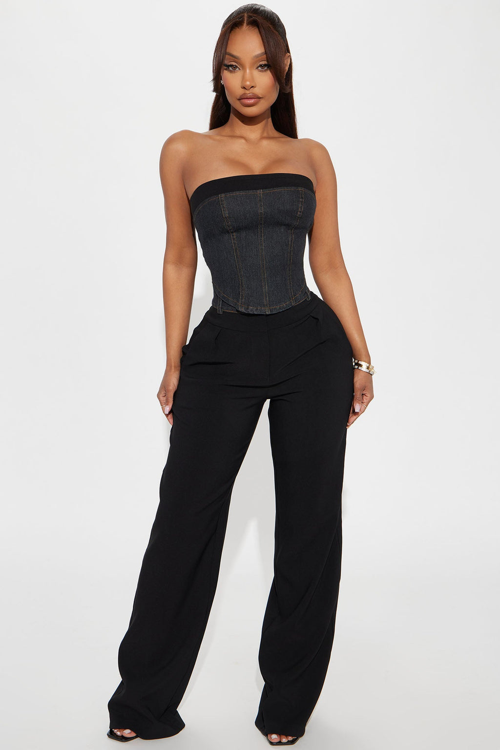 Demi Mixed Denim Pant Set - Black