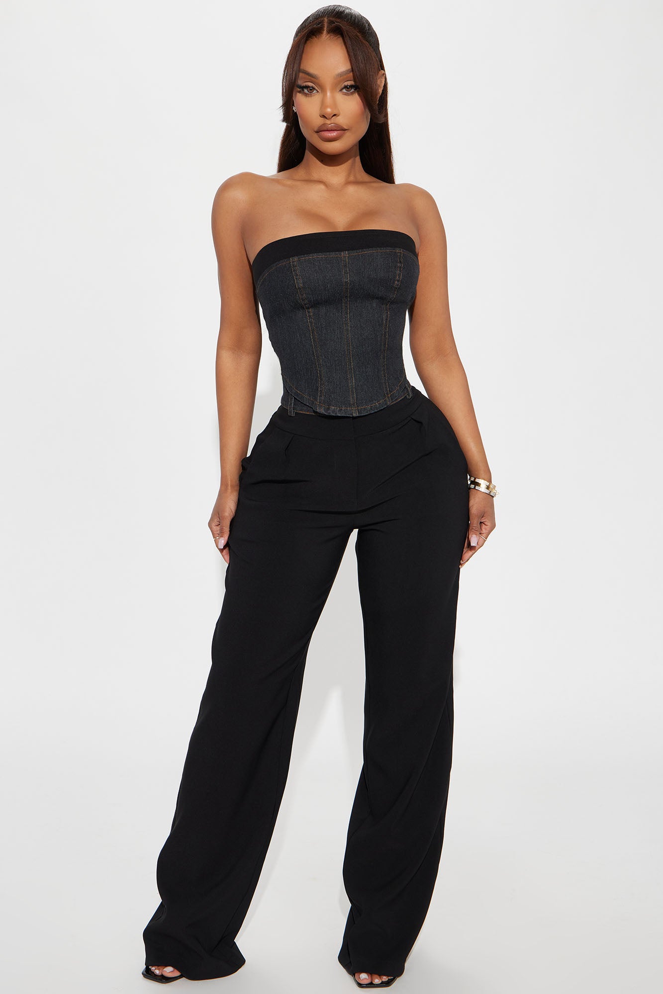 Demi Mixed Denim Pant Set - Black