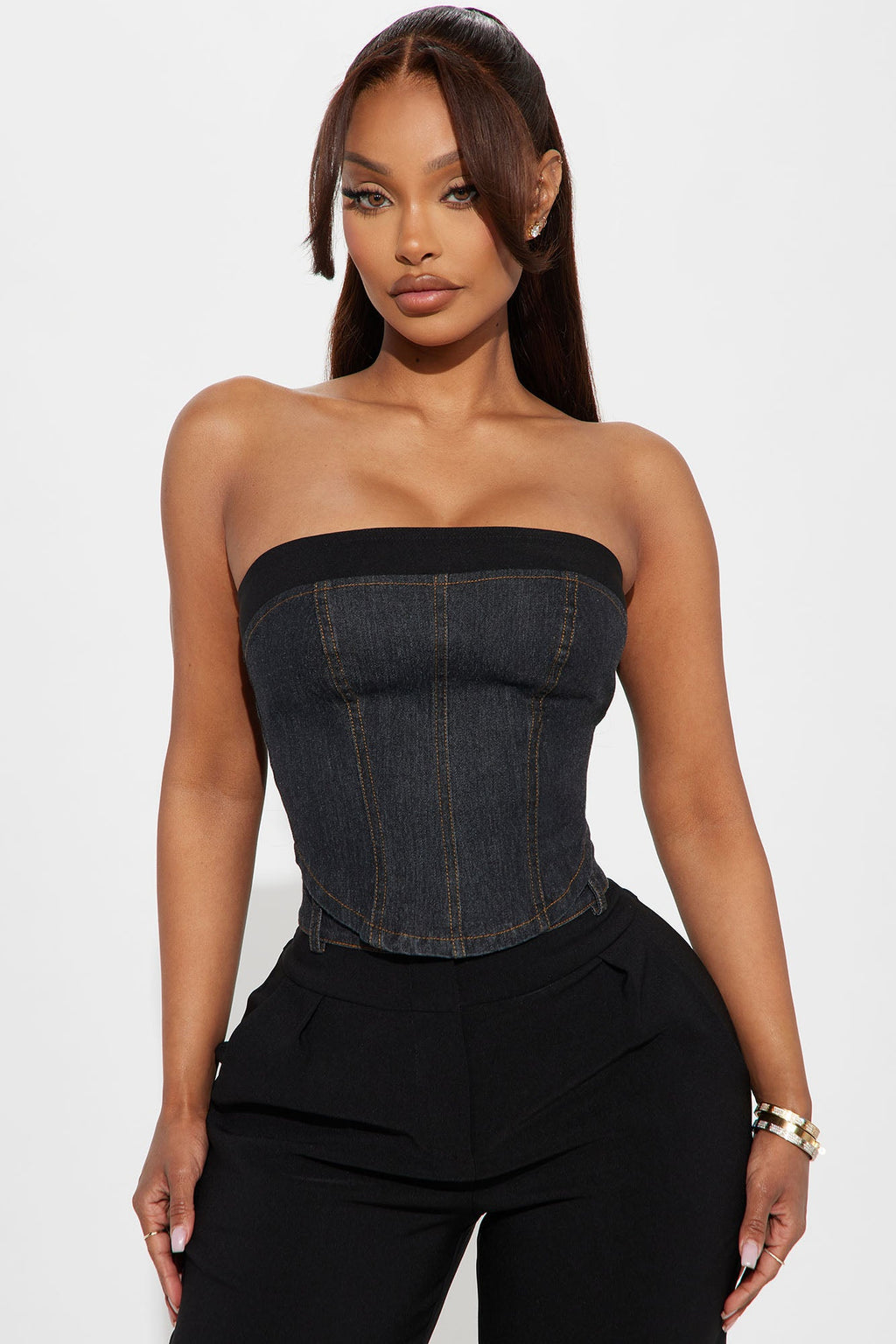 Demi Mixed Denim Pant Set - Black