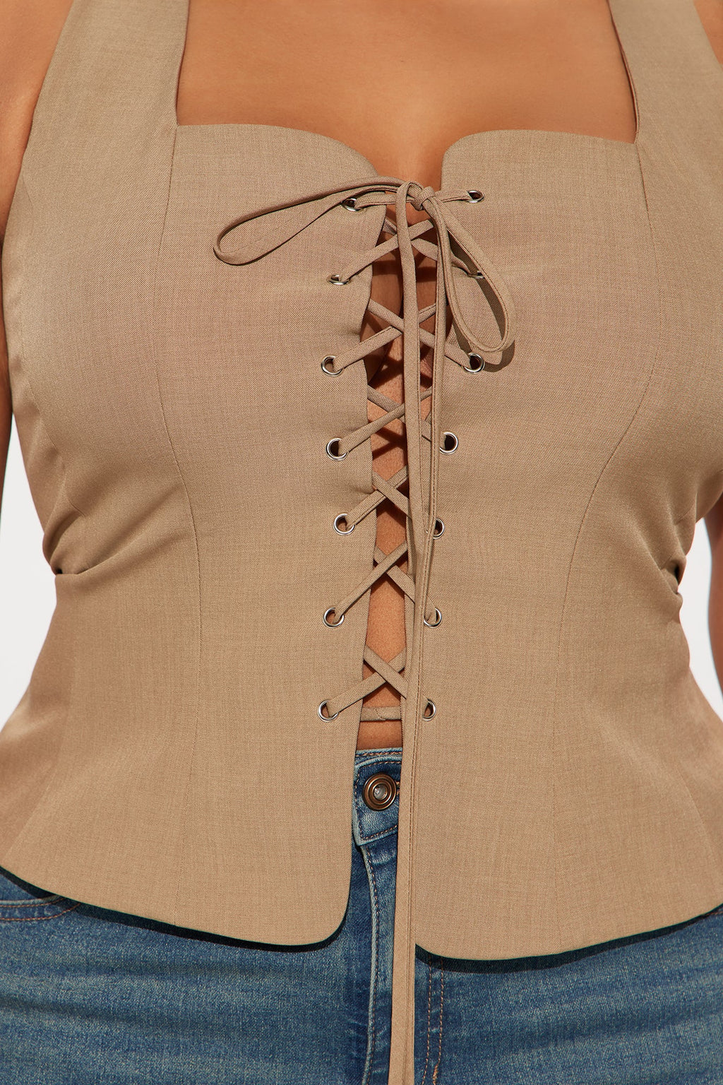 Topic Of Conversation Lace Up Top - Khaki