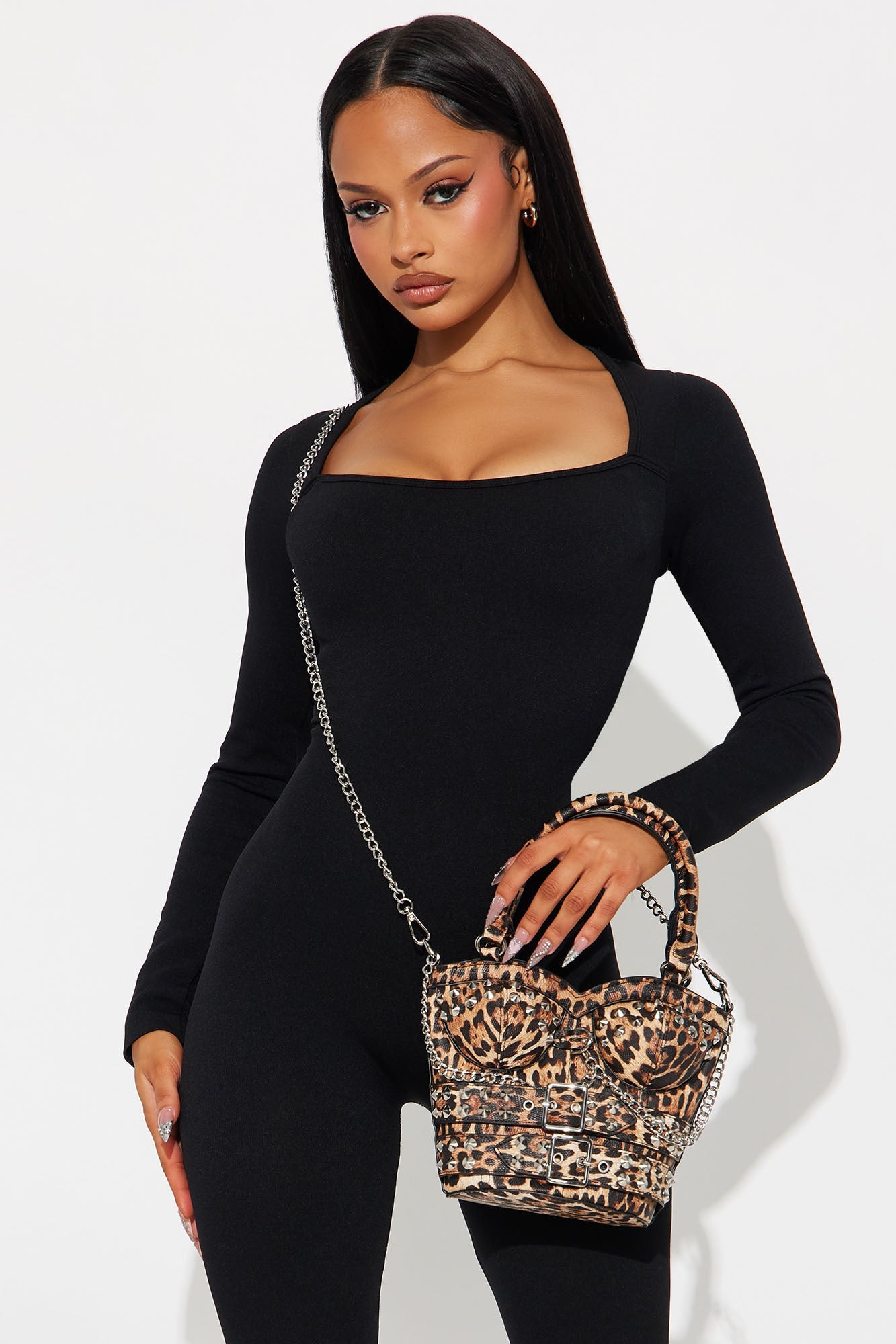 Heart Throb Studded Satchel Bag - Leopard