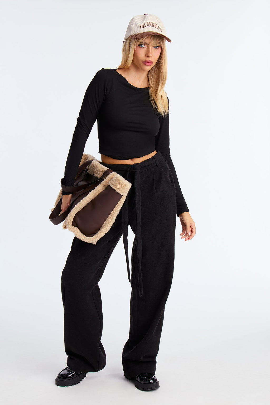 Furever Chic Faux Leather Fur Trim Tote - Brown