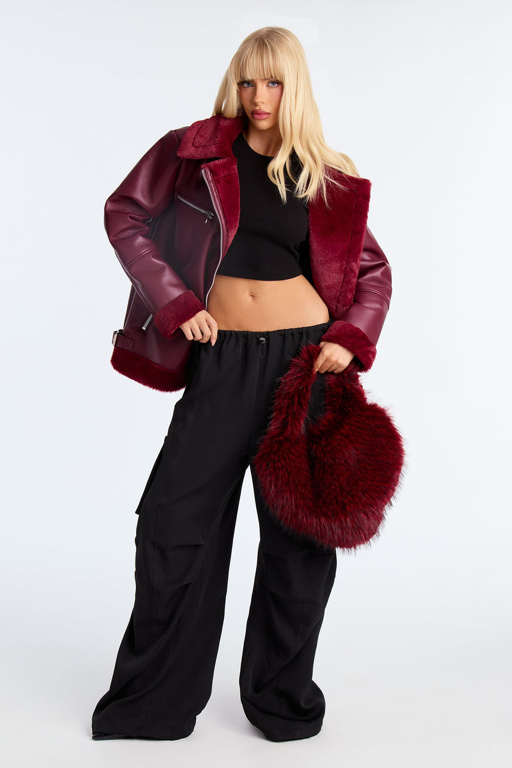 Furry Feelings Faux Fur Heart Satchel Handbag - Red