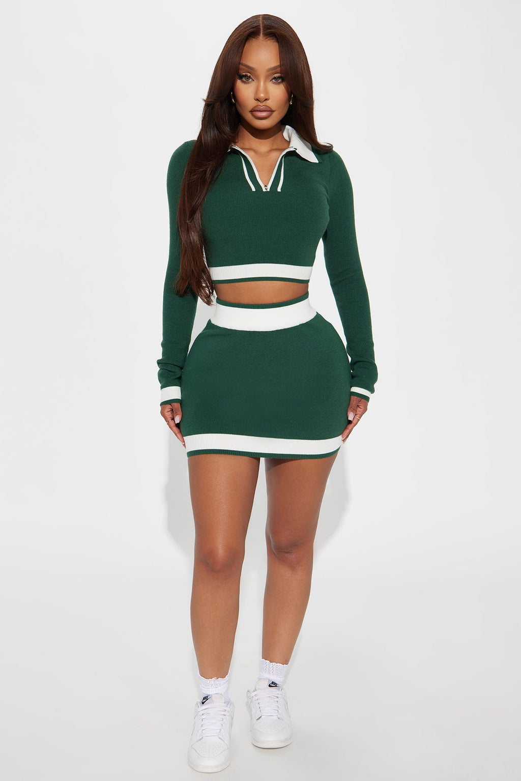 High Class Polo Sweater Skirt Set - Hunter