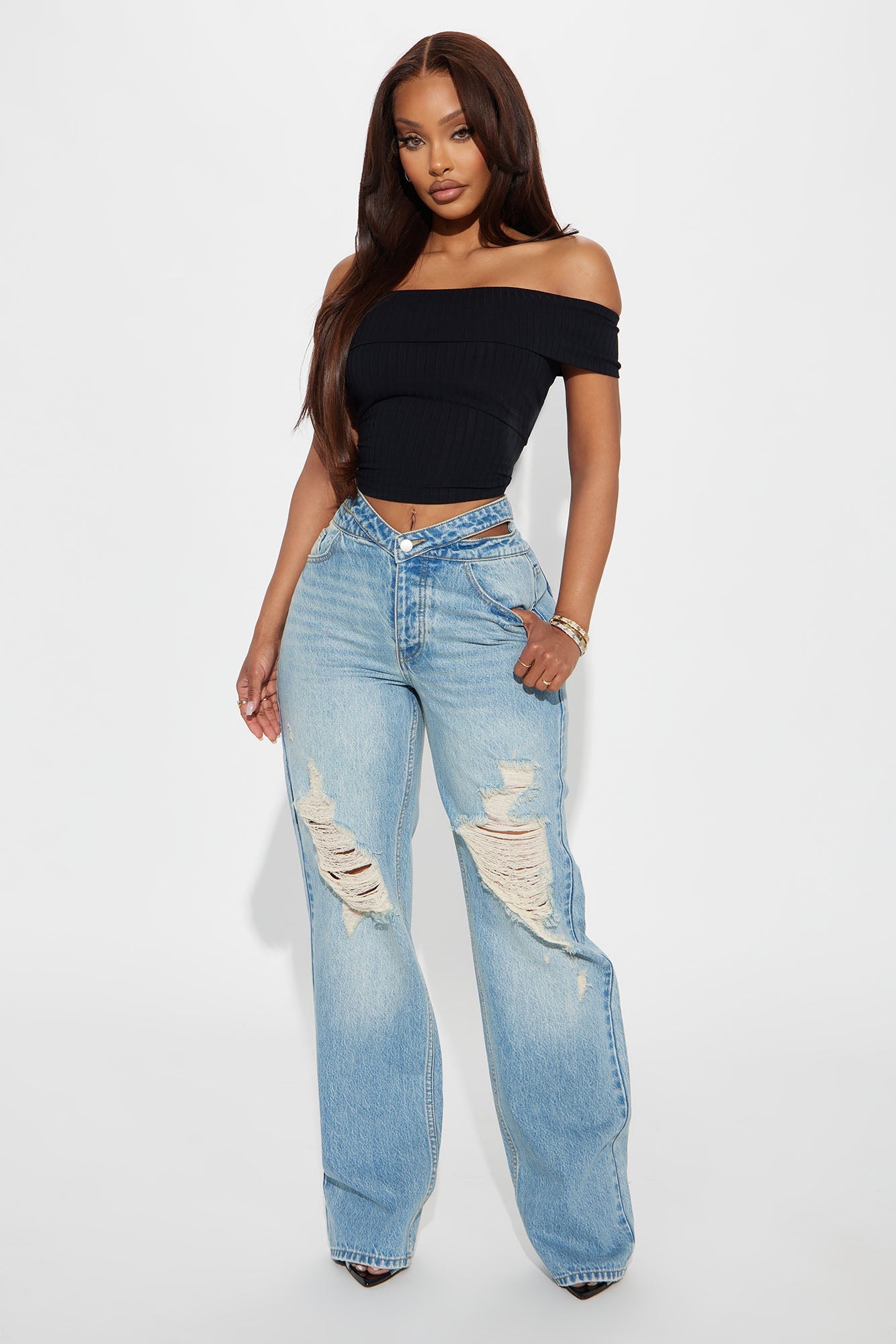 Droppin The Location Cutout Ripped Straight Leg Jeans - Vintage Wash