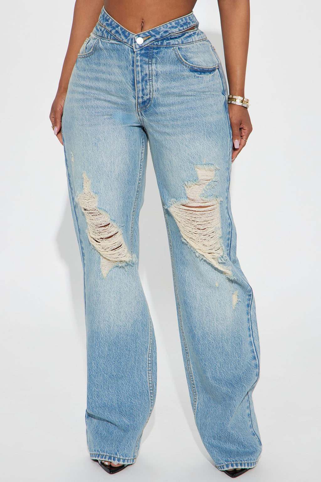Droppin The Location Cutout Ripped Straight Leg Jeans - Vintage Wash