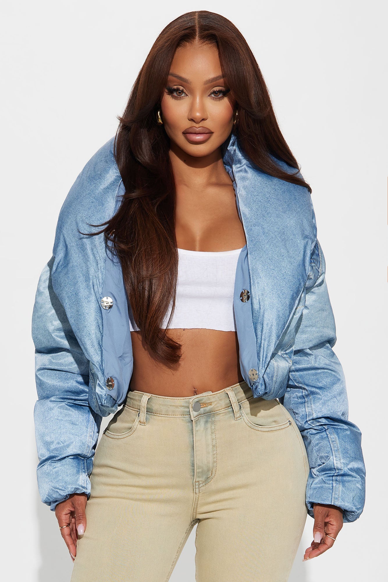Jenna Cropped Faux Denim Puffer Coat - Denim