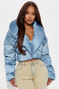 Jenna Cropped Faux Denim Puffer Coat - Denim