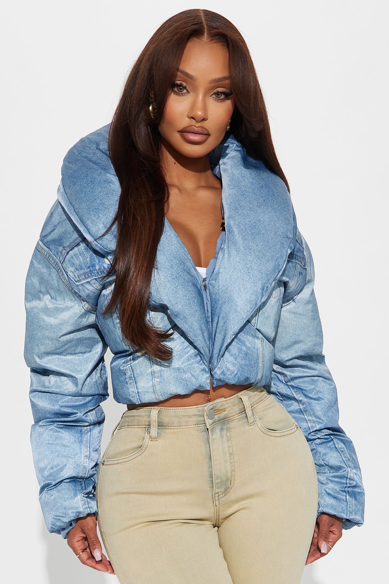 Jenna Cropped Faux Denim Puffer Coat - Denim