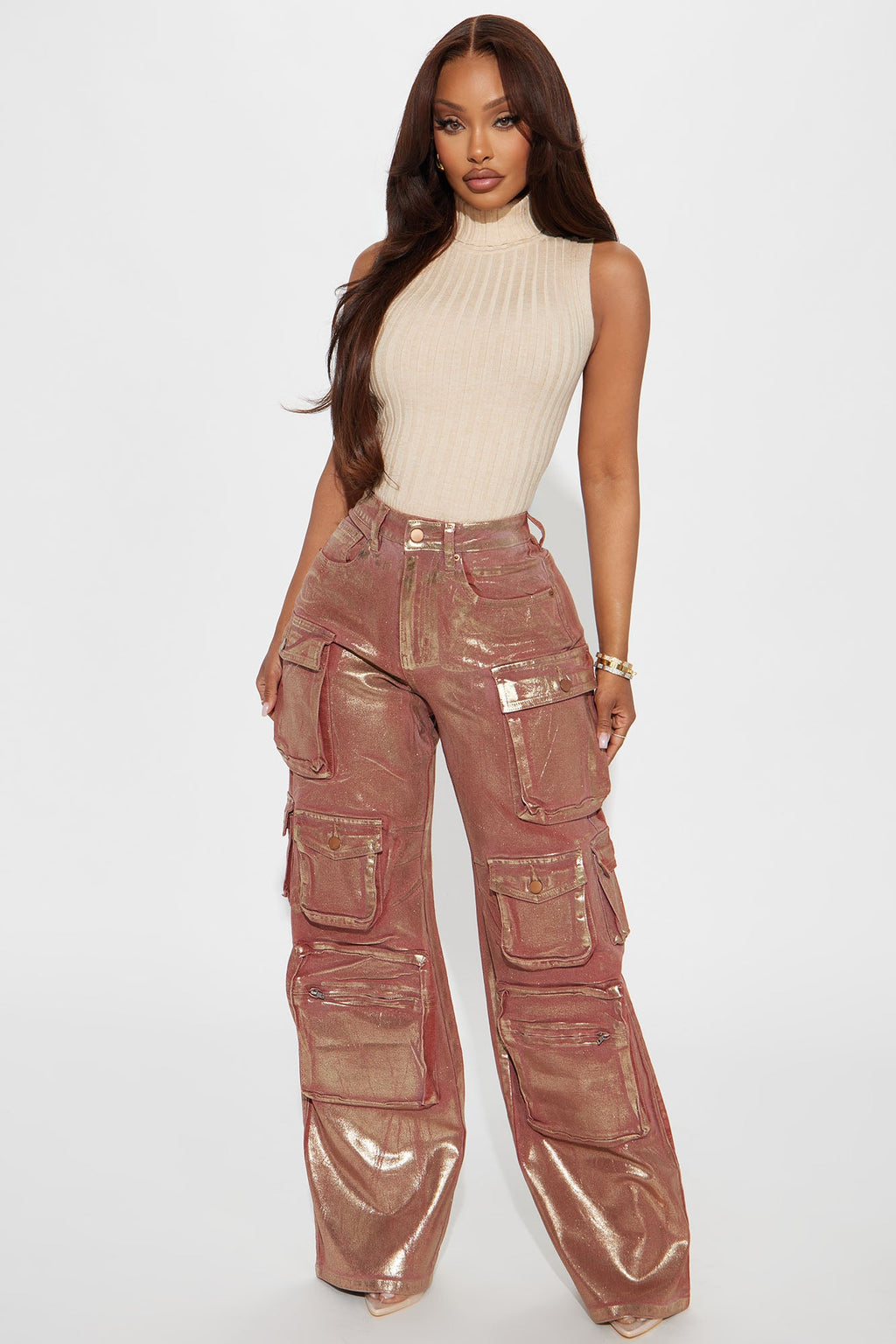 Time To Shine Foil Baggy Cargo Jeans - Burgundy