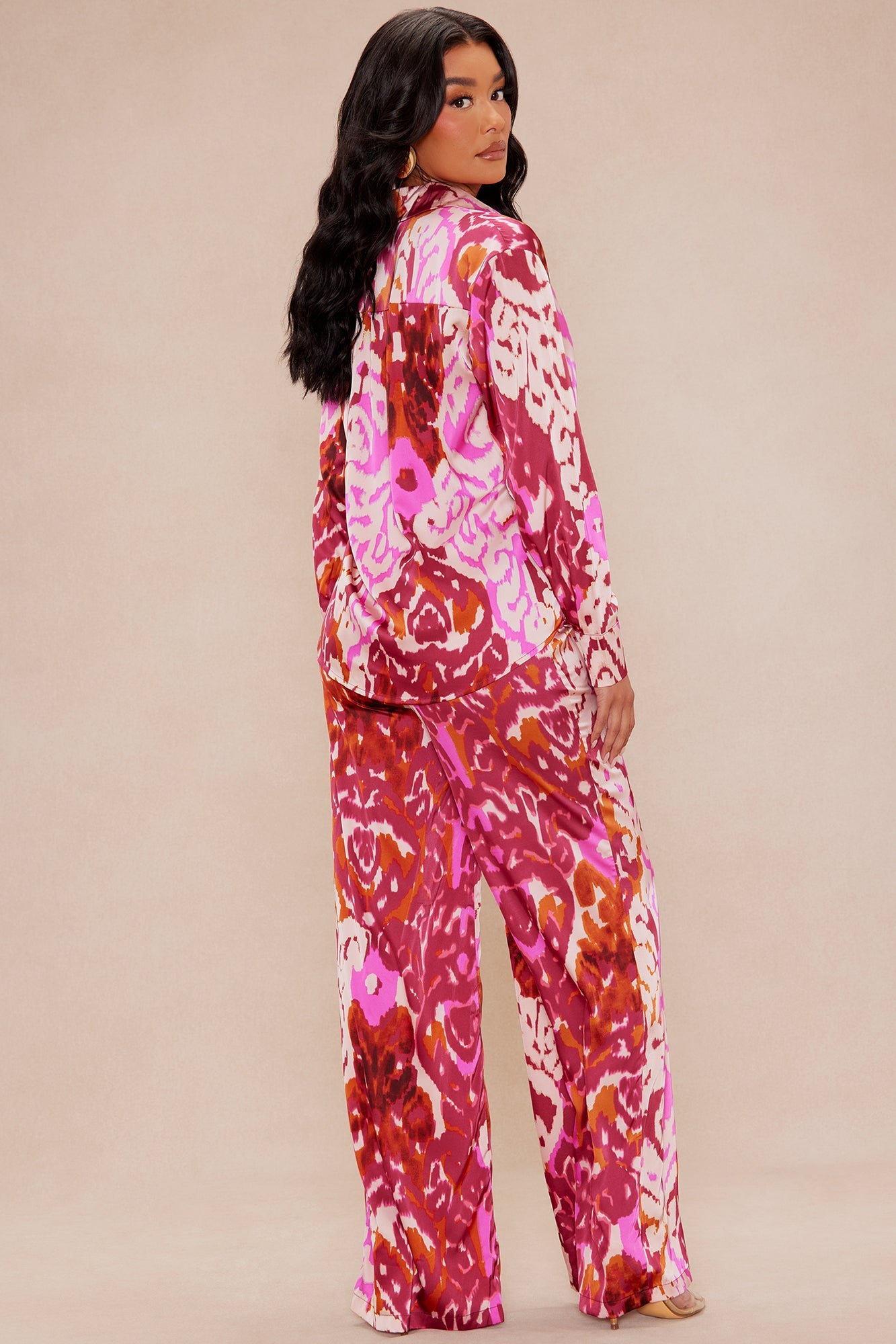 Kristine Satin Wide Leg Pant Set - Fuchsia/combo