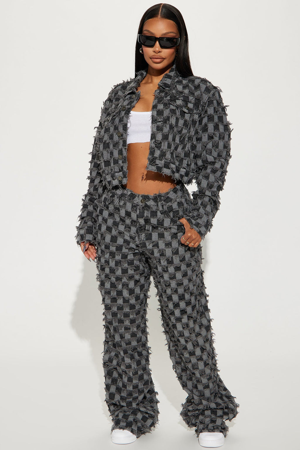 From The Start Checkered Baggy Jeans - Black/Grey