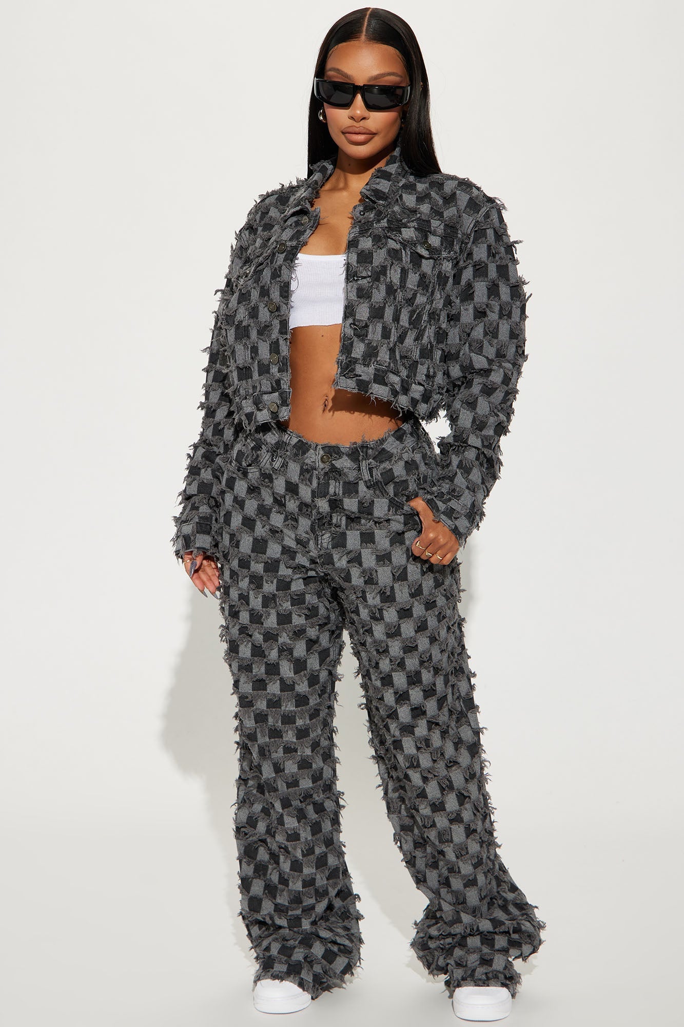 From The Start Checkered Baggy Jeans - Black/Grey