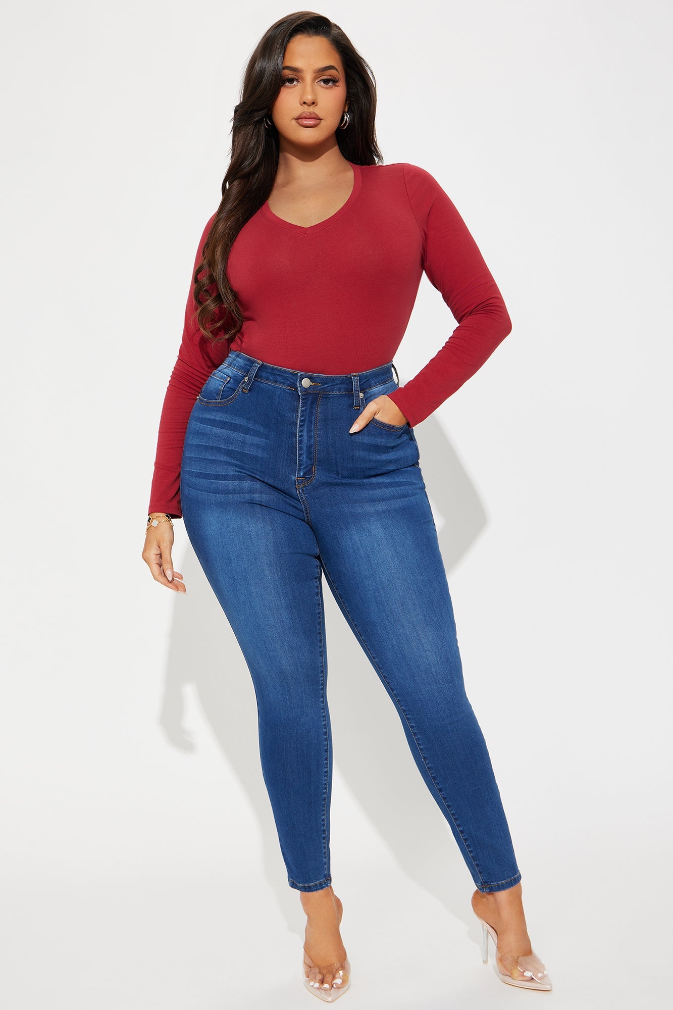 No Brainer Long Sleeve V Neck Tee - Burgundy