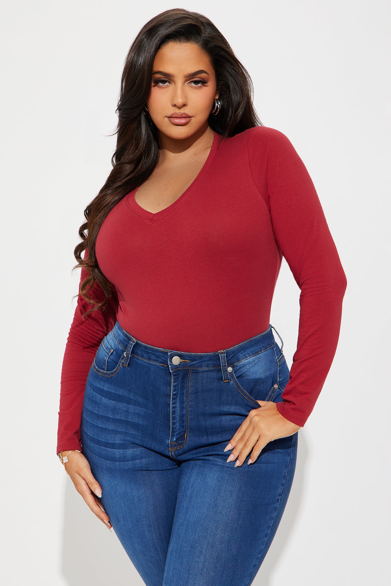 No Brainer Long Sleeve V Neck Tee - Burgundy