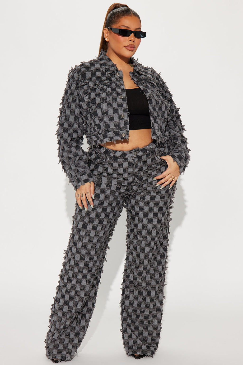 From The Start Checkered Baggy Jeans - Black/Grey