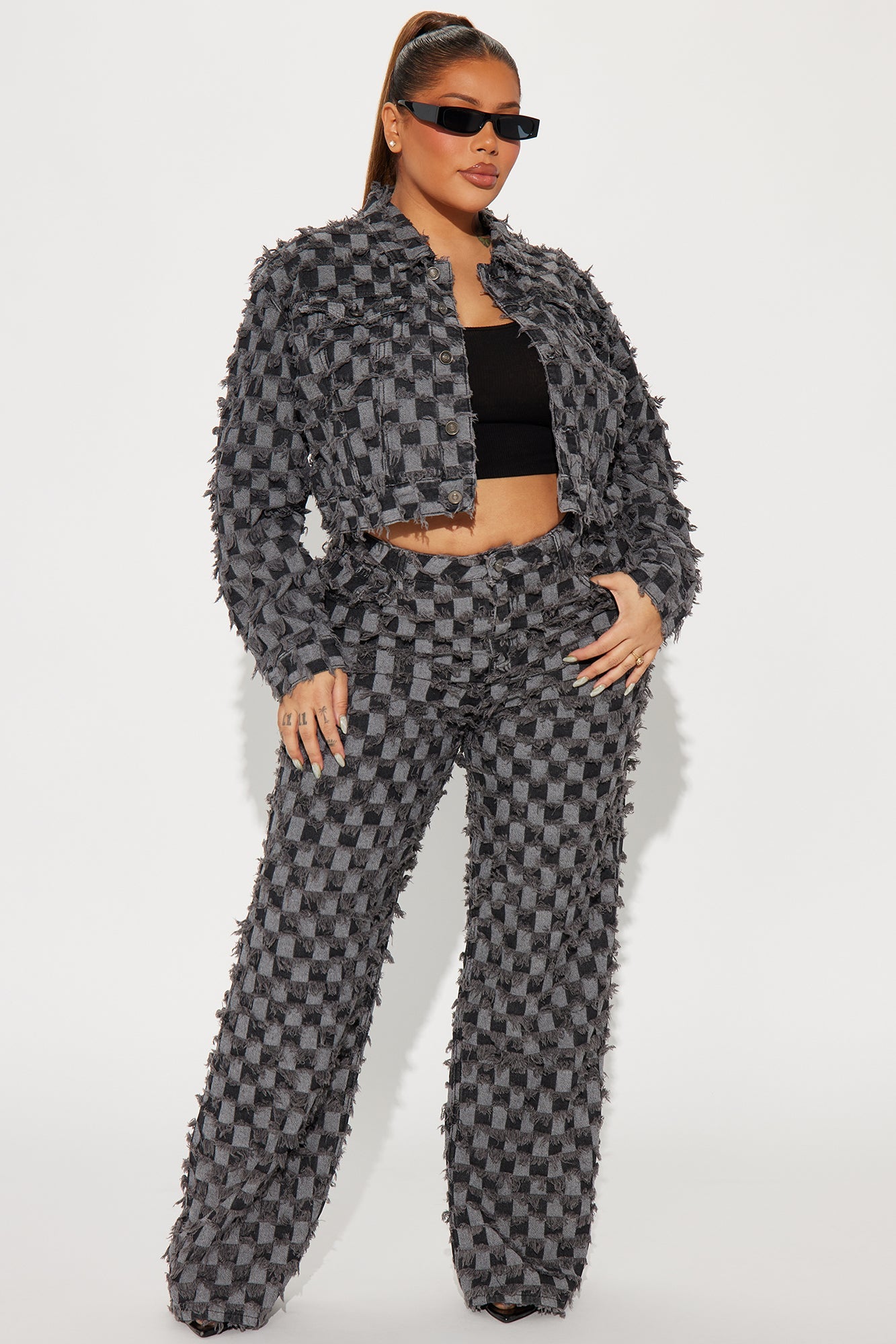 From The Start Checkered Baggy Jeans - Black/Grey