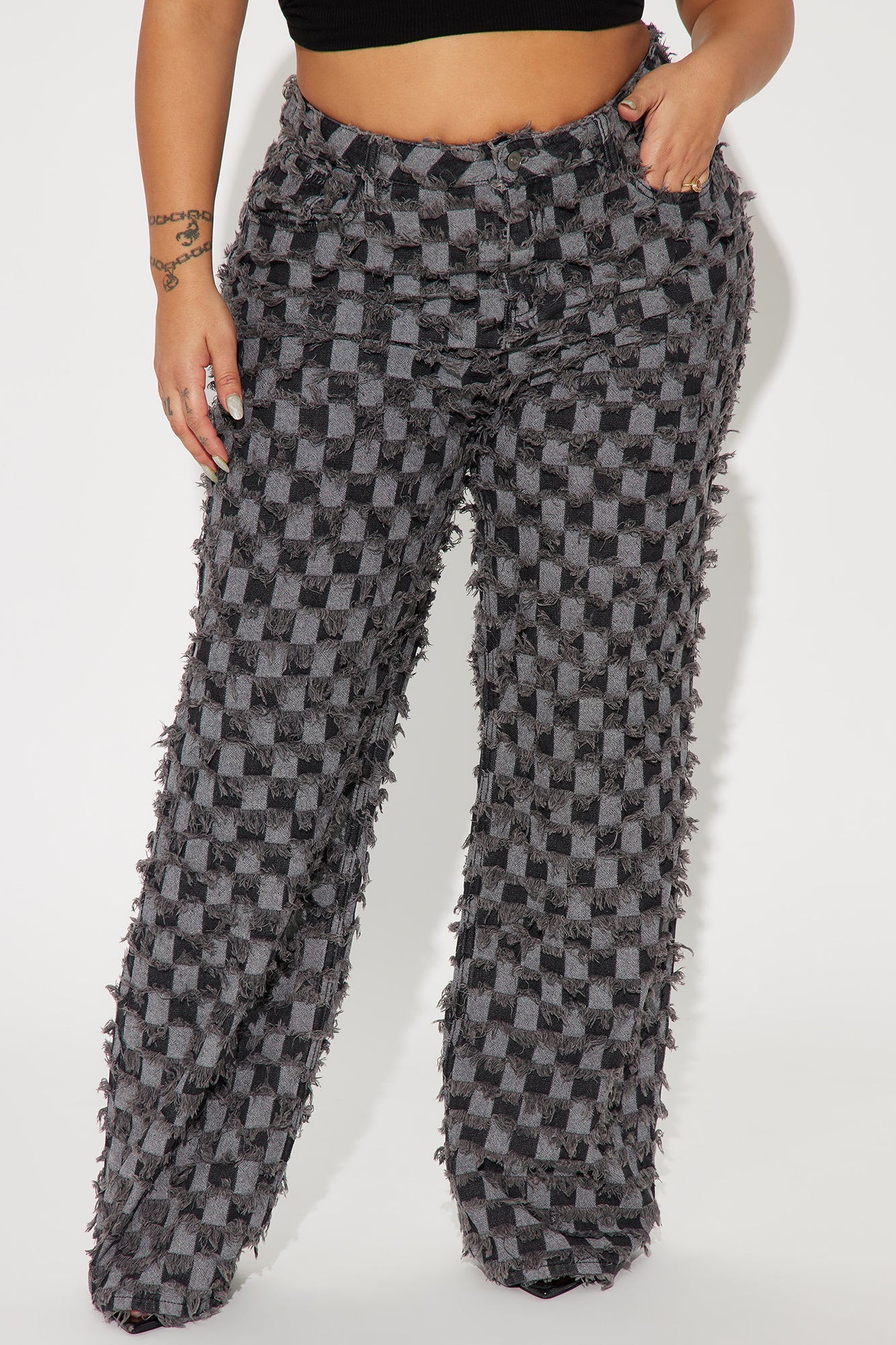 From The Start Checkered Baggy Jeans - Black/Grey