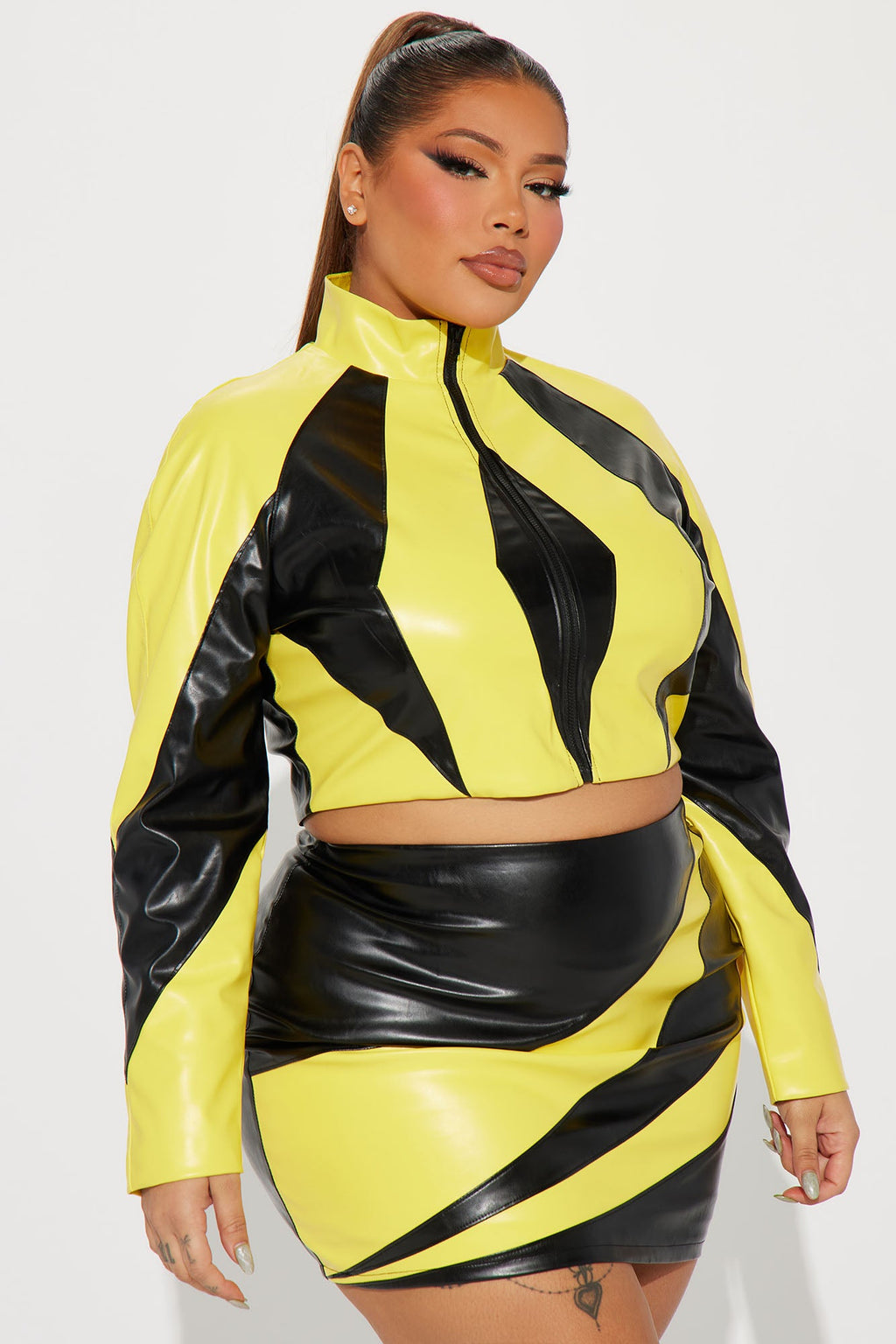 Catch A Ride Faux Leather Skirt Set - Black/Yellow