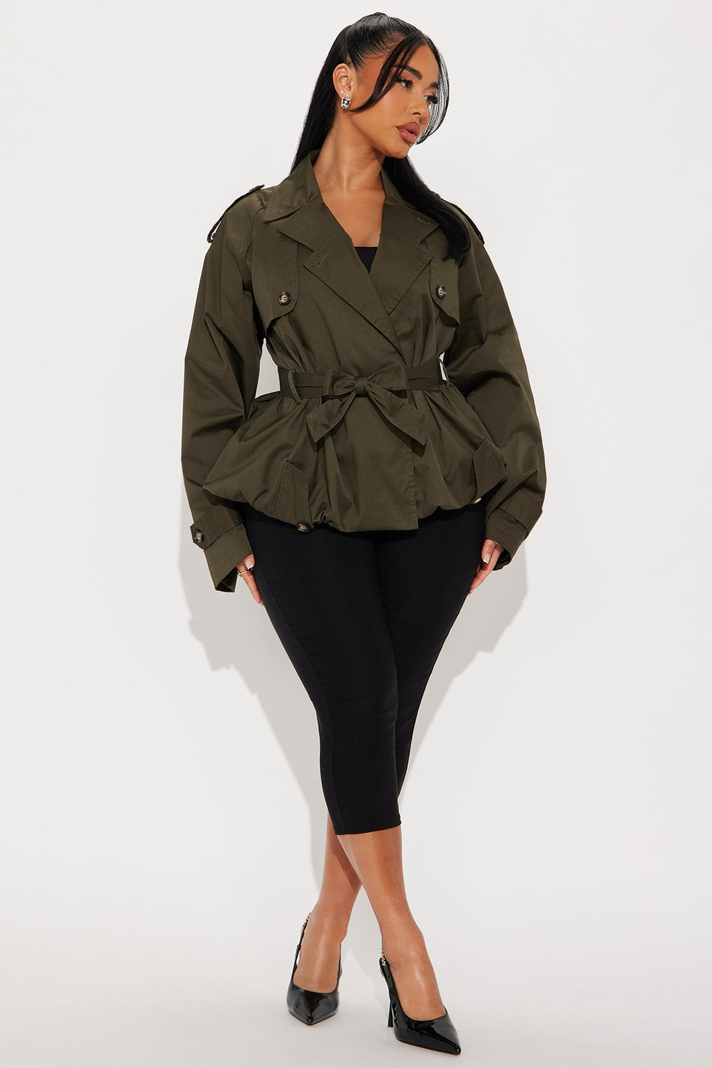 Ms. Hailey Bubble Hem Cropped Trench - Olive