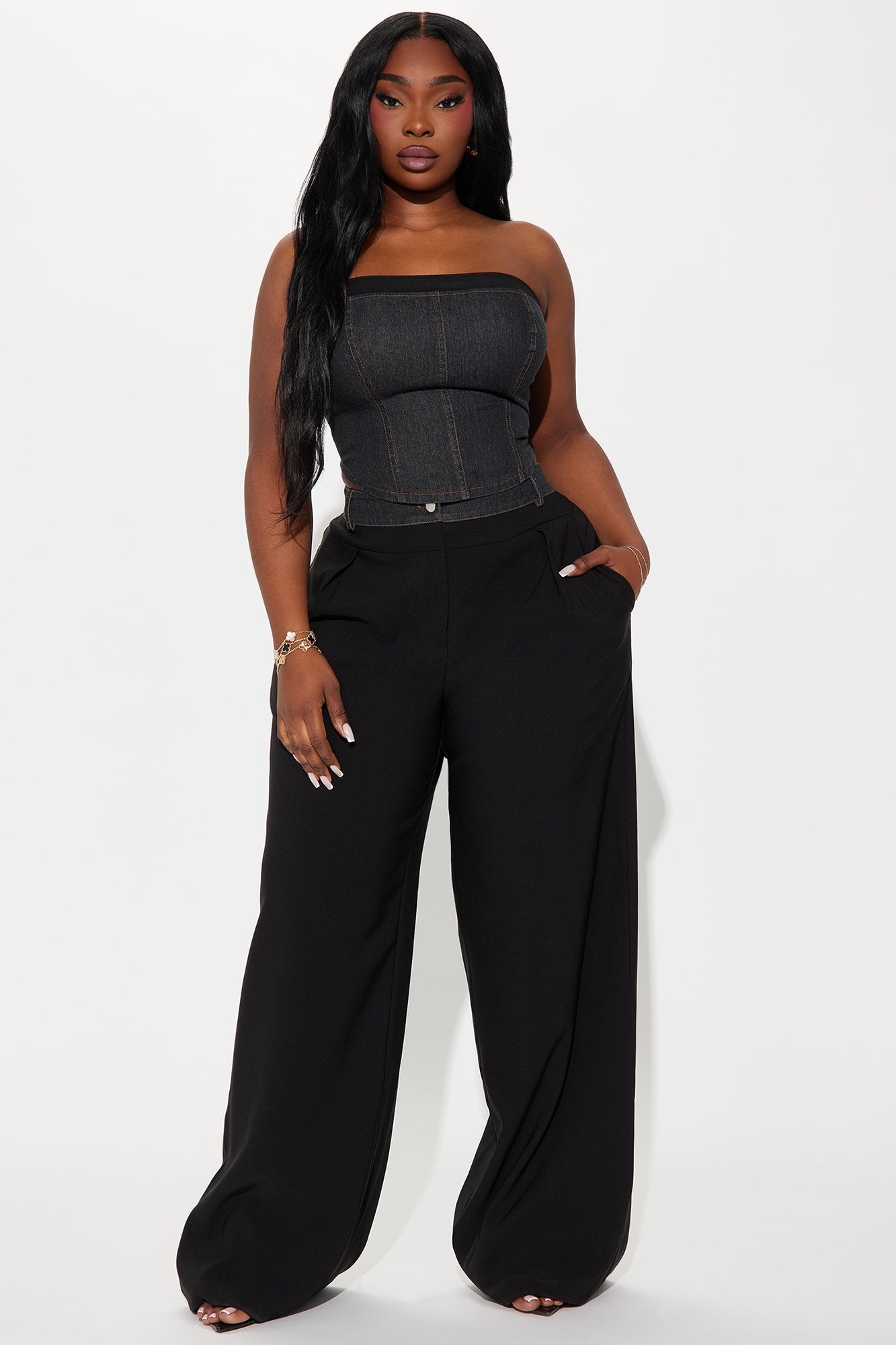 Demi Mixed Denim Pant Set - Black