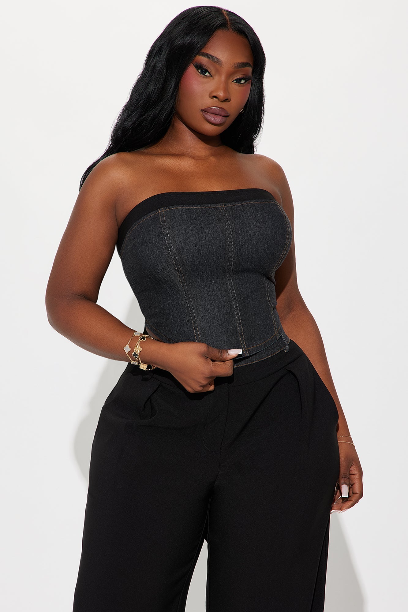 Demi Mixed Denim Pant Set - Black