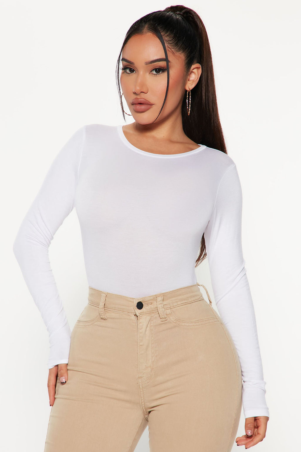 Krystal Crew Neck Long Sleeve Bodysuit - White