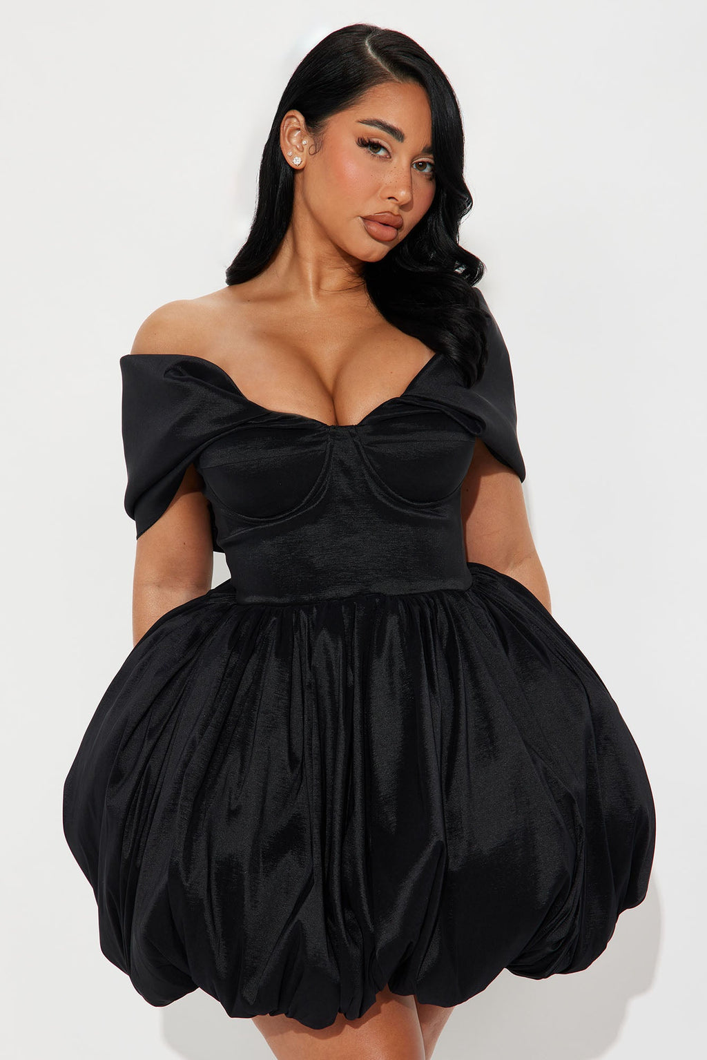 Heavenly Aura Satin Bubble Mini Dress - Black