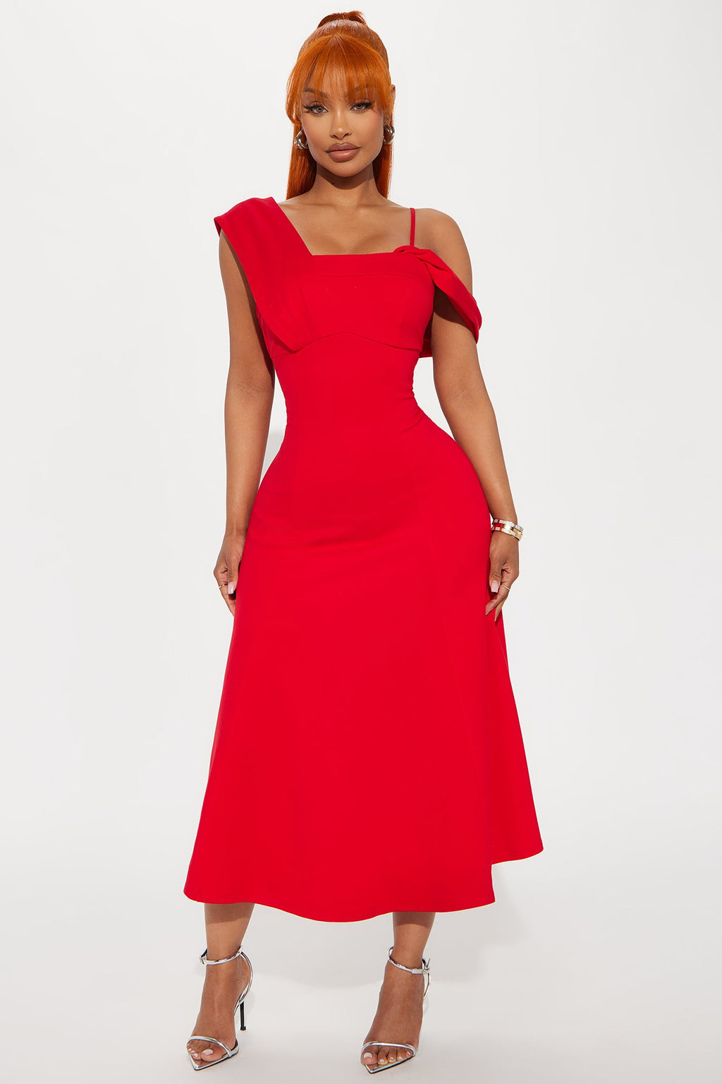 Monica Asymmetrical Midi Dress - Red