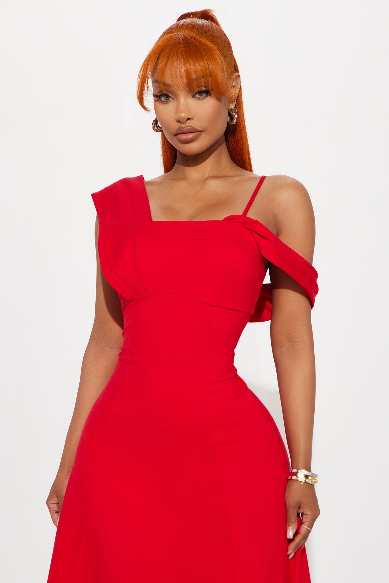 Monica Asymmetrical Midi Dress - Red