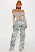Denim On Denim Printed Flare Jeans - Light Wash