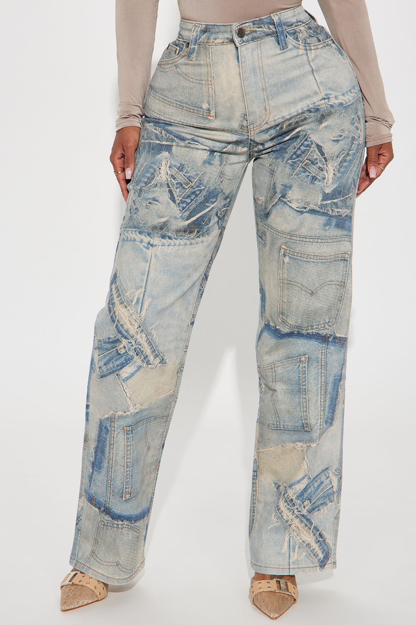 Denim On Denim Printed Flare Jeans - Light Wash