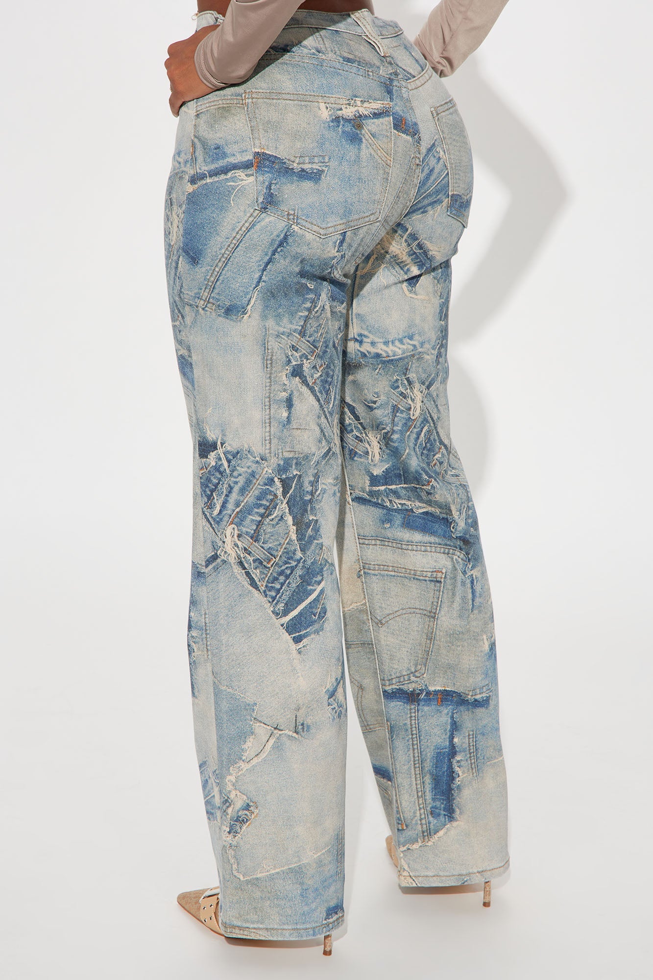 Denim On Denim Printed Flare Jeans - Light Wash