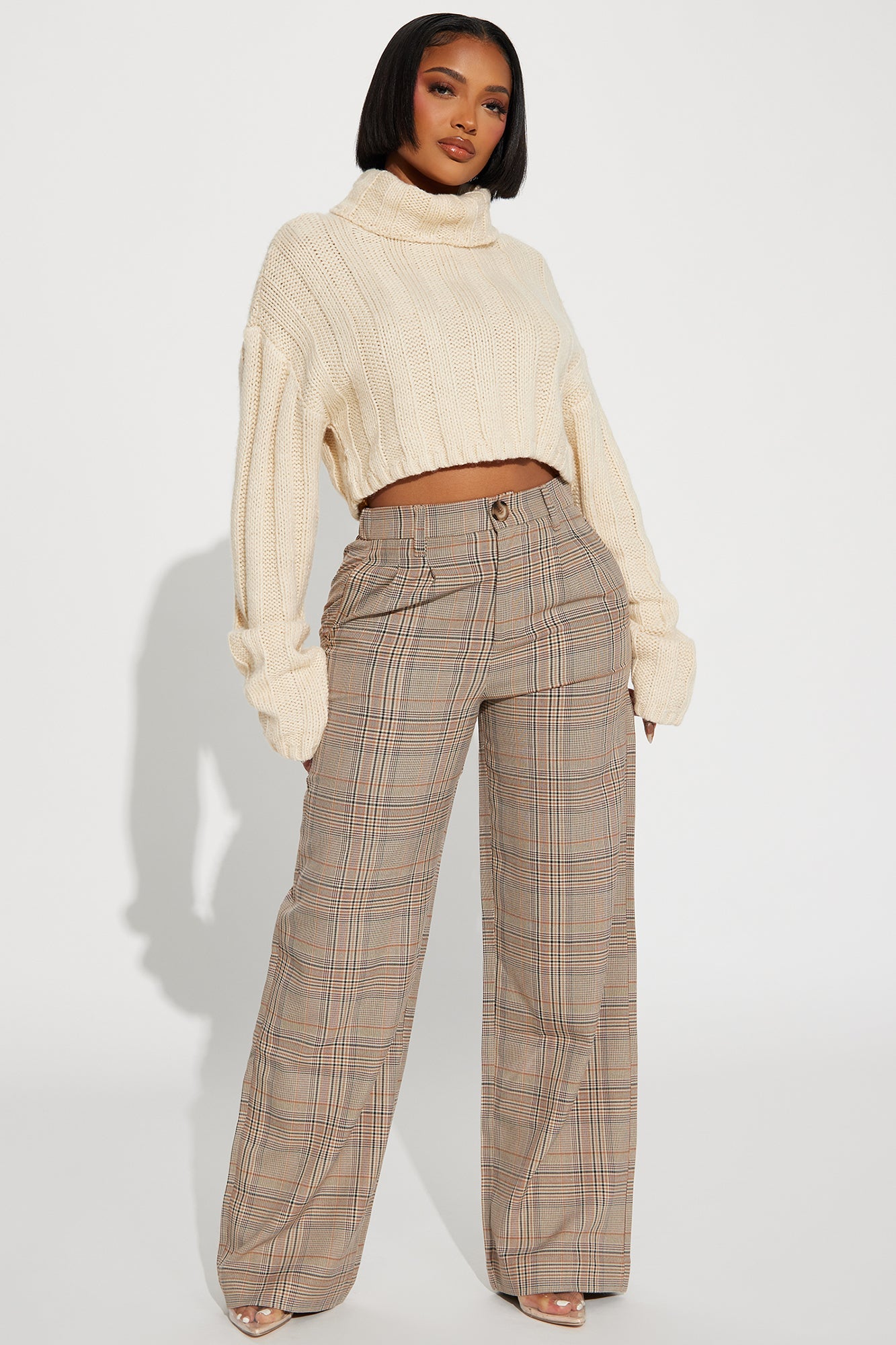 Talk Later Wide Leg Plaid Trouser - Khaki/combo