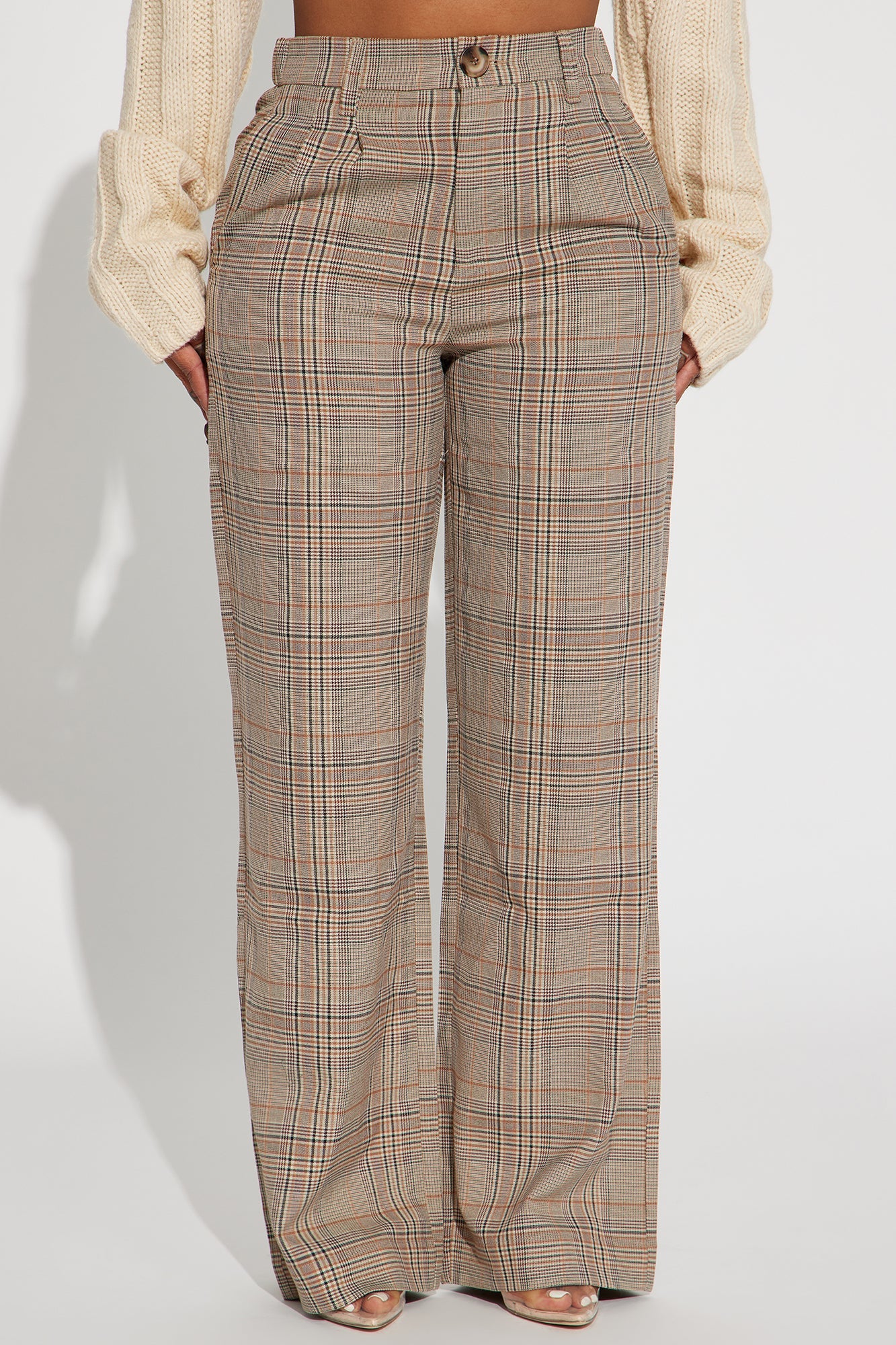 Talk Later Wide Leg Plaid Trouser - Khaki/combo