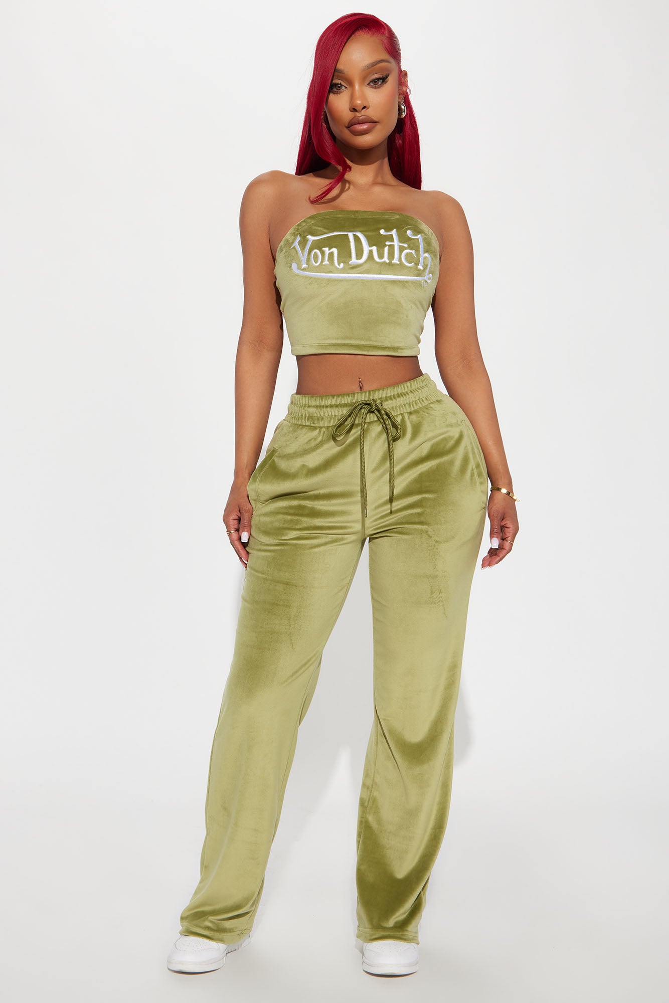 Von Dutch Velour Wide Leg Pant - Olive