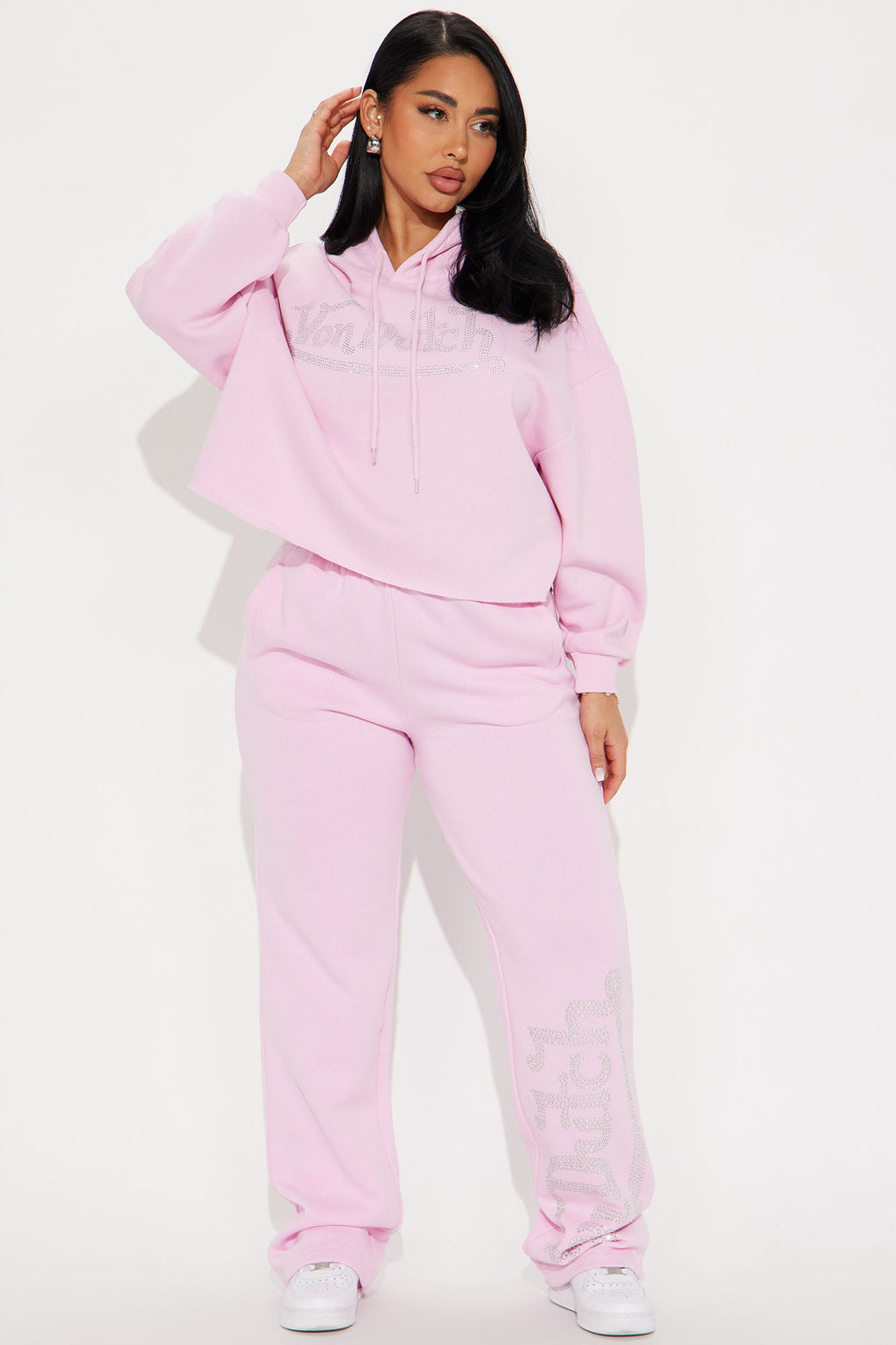 Von Dutch Rhinestone Cropped Hoodie - Pink