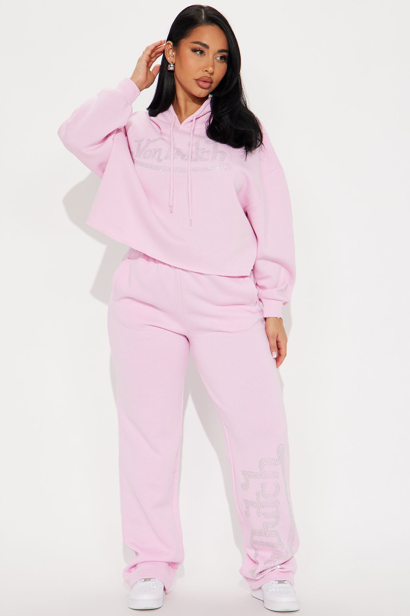 Von Dutch Rhinestone Cropped Hoodie - Pink