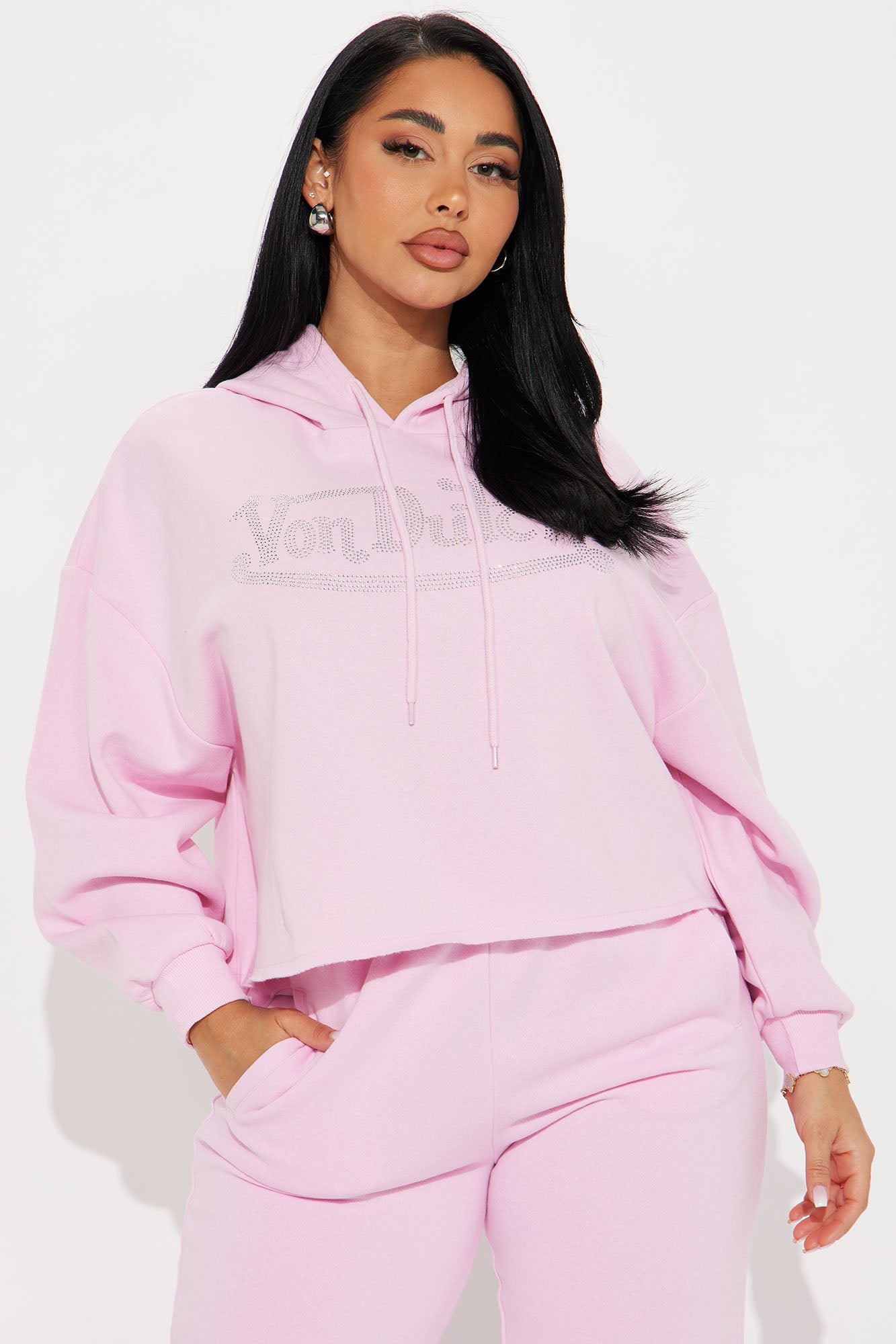 Von Dutch Rhinestone Cropped Hoodie - Pink