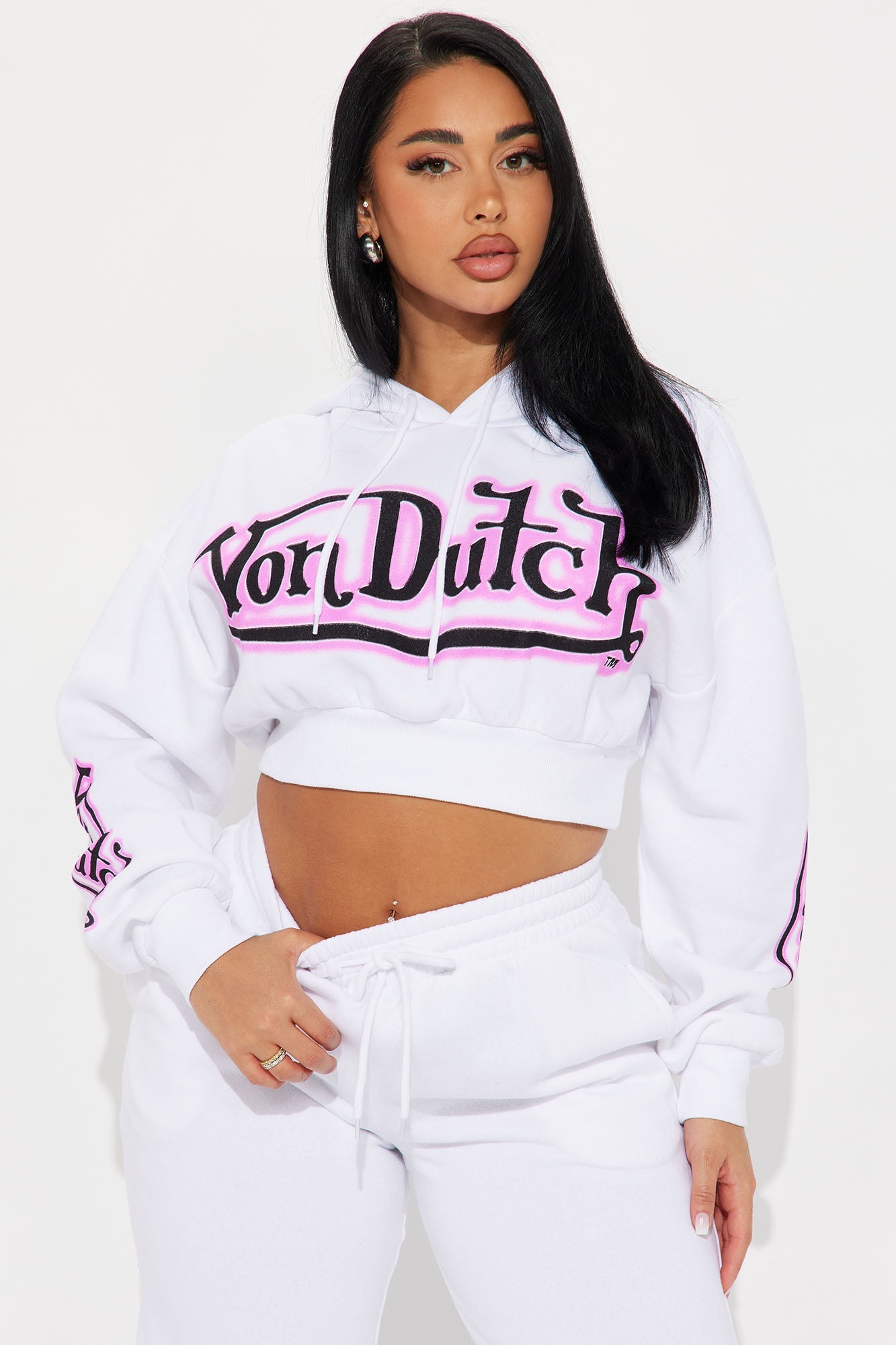 Von Dutch Graffiti Cropped Hoodie - White/Pink