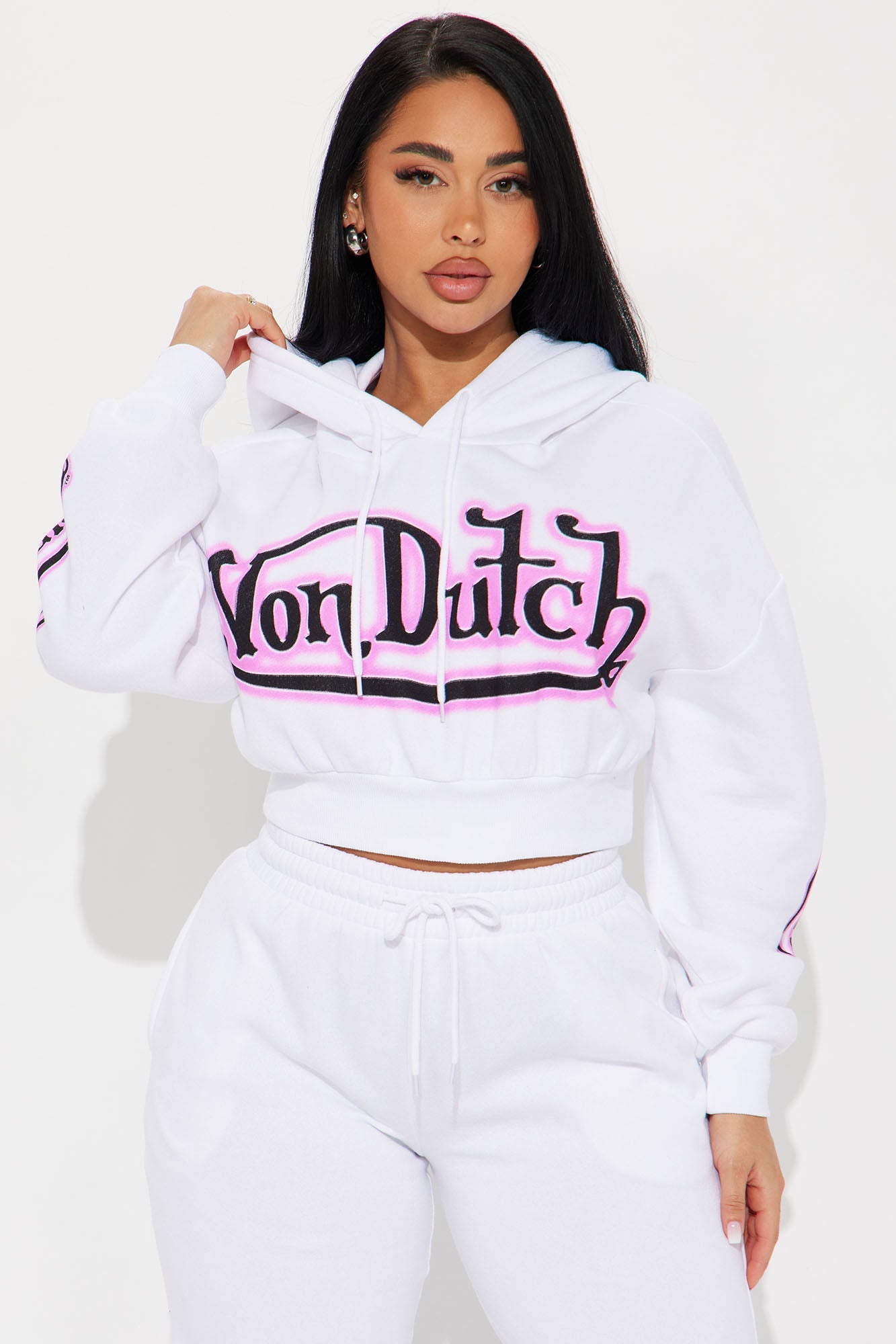 Von Dutch Graffiti Cropped Hoodie - White/Pink