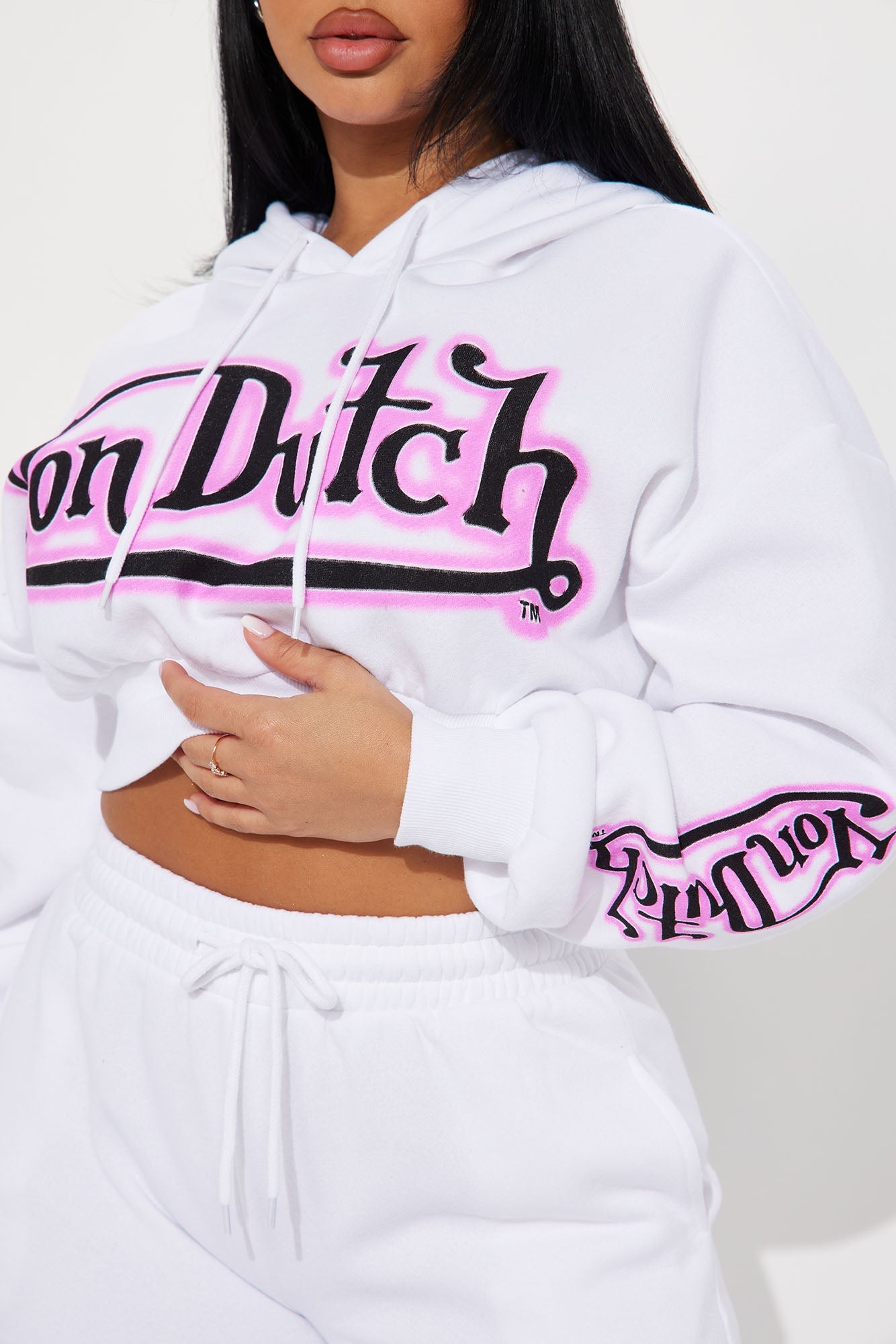 Von Dutch Graffiti Cropped Hoodie - White/Pink