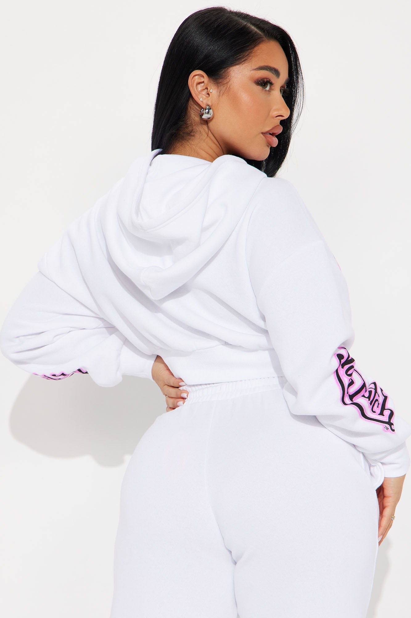 Von Dutch Graffiti Cropped Hoodie - White/Pink