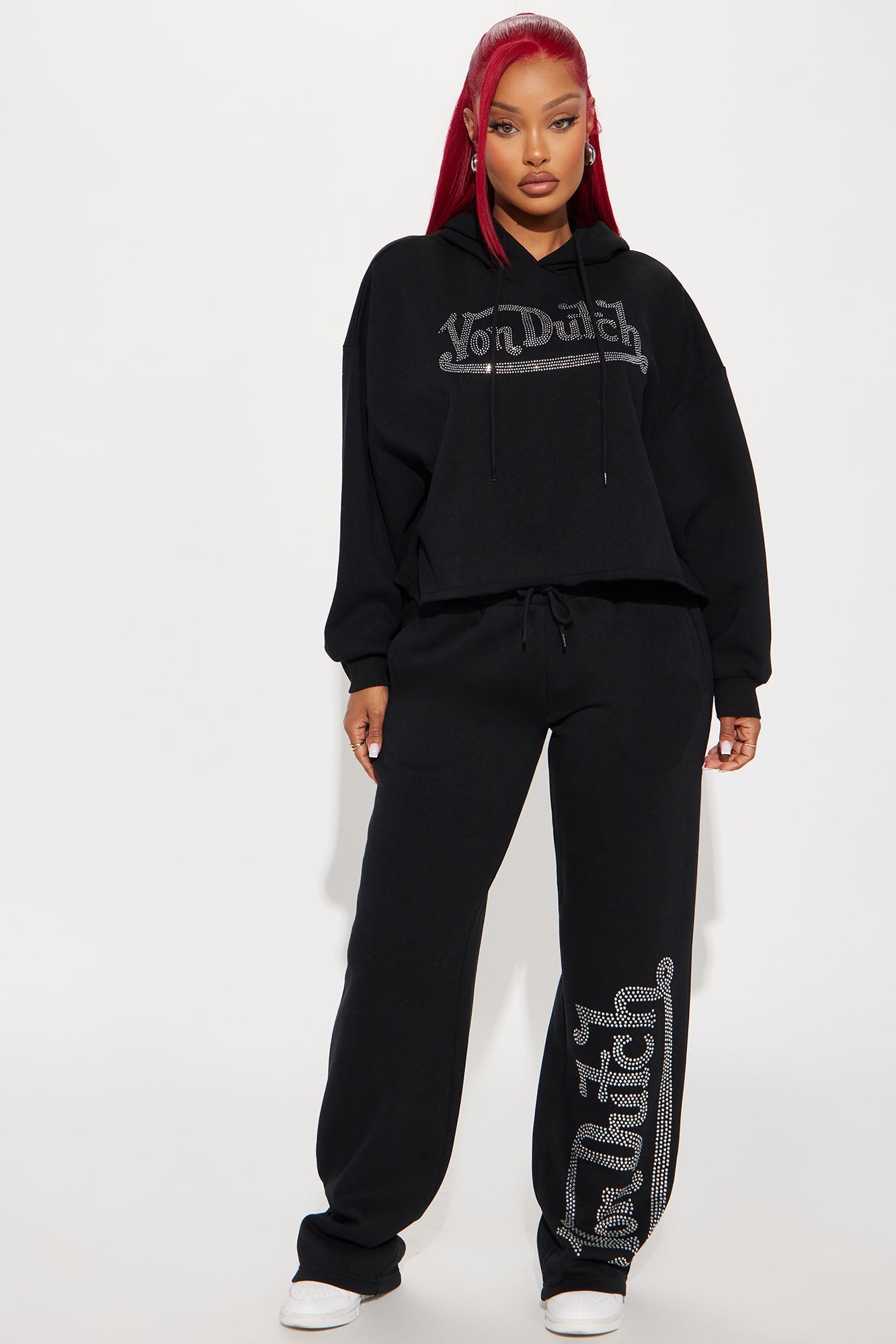 Von Dutch Rhinestone Cropped Hoodie - Black