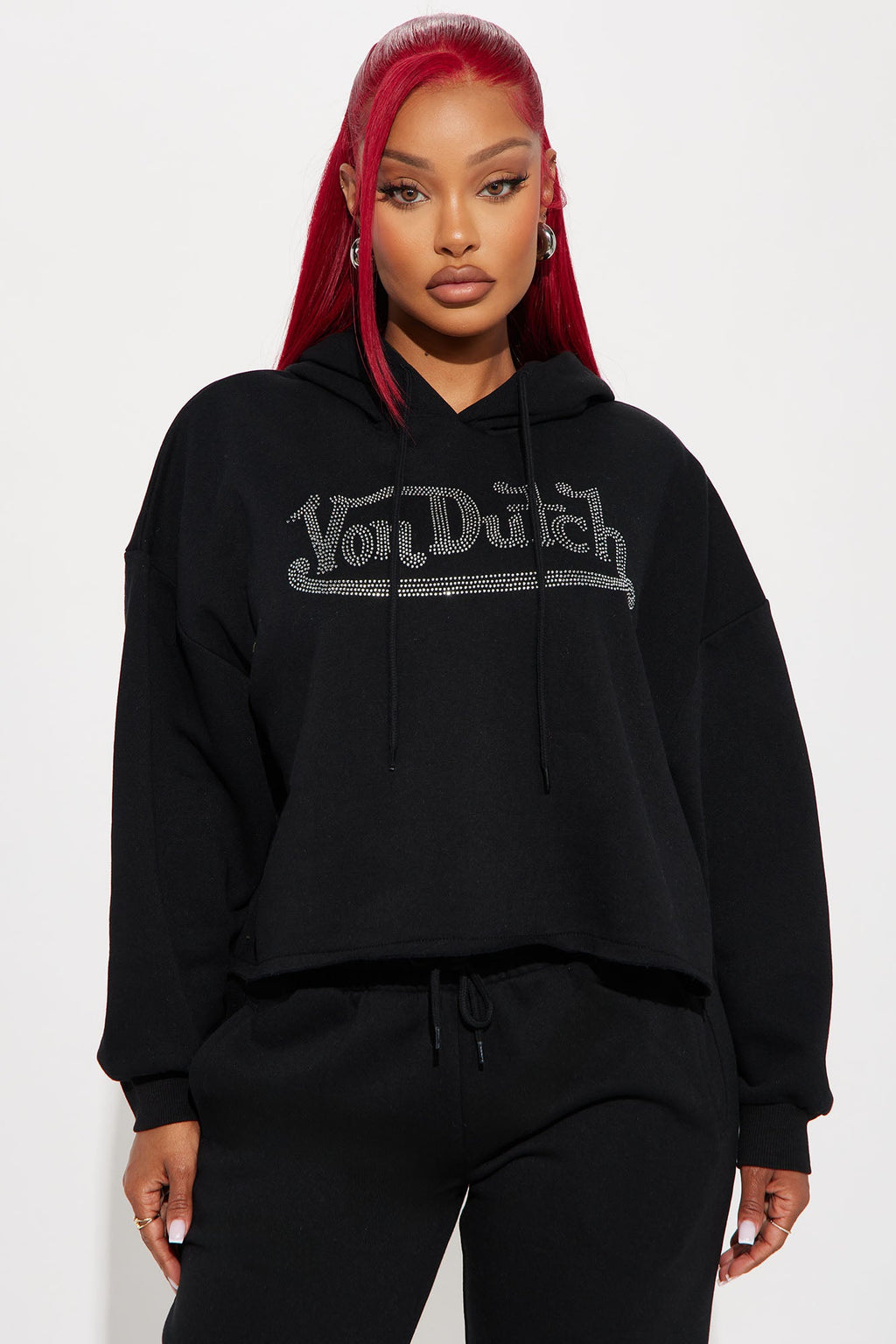 Von Dutch Rhinestone Cropped Hoodie - Black