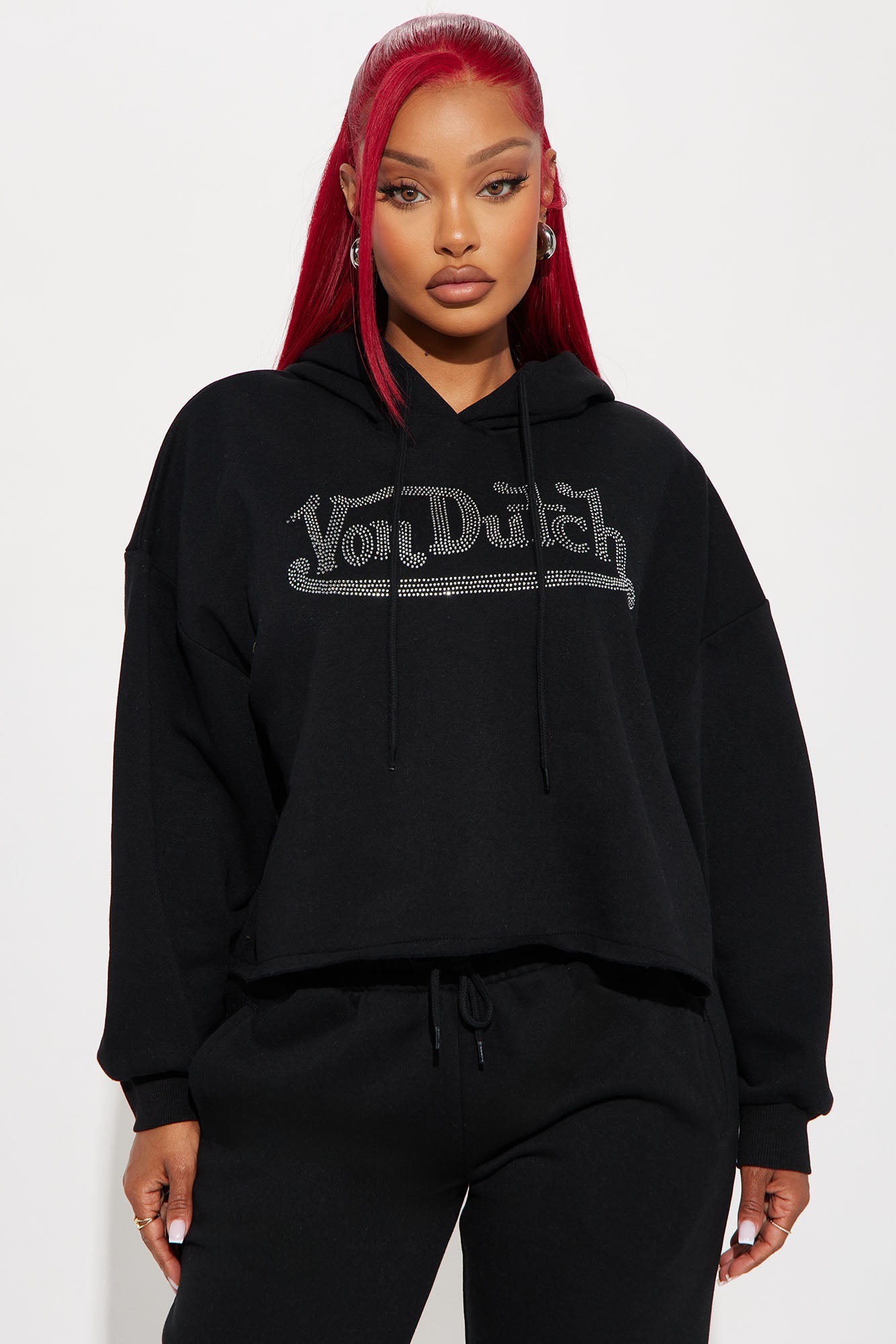 Von Dutch Rhinestone Cropped Hoodie - Black