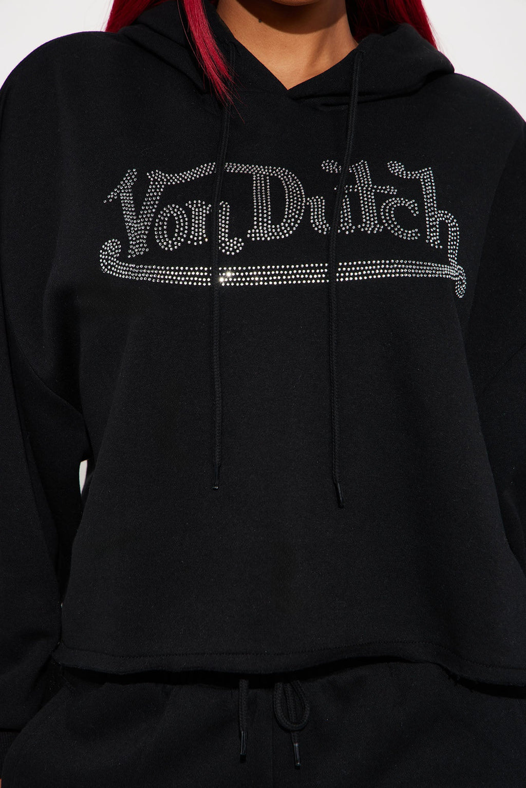 Von Dutch Rhinestone Cropped Hoodie - Black